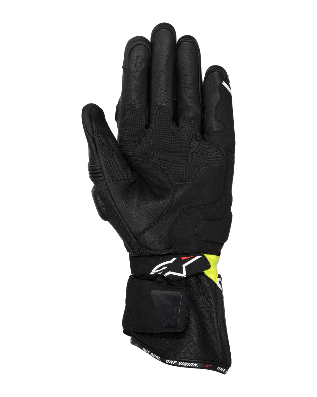 Rękawice Alpinestars SP-3, motocyklowe rękawice szosowe, czarne i żółte fluo, widok od wewnętrznej strony dłoni prezentujący konstrukcję z koziej skóry, wyściełane wzmocnienia dłoni, długi mankiet z regulowanym paskiem oraz palec wskazujący kompatybilny z ekranami dotykowymi