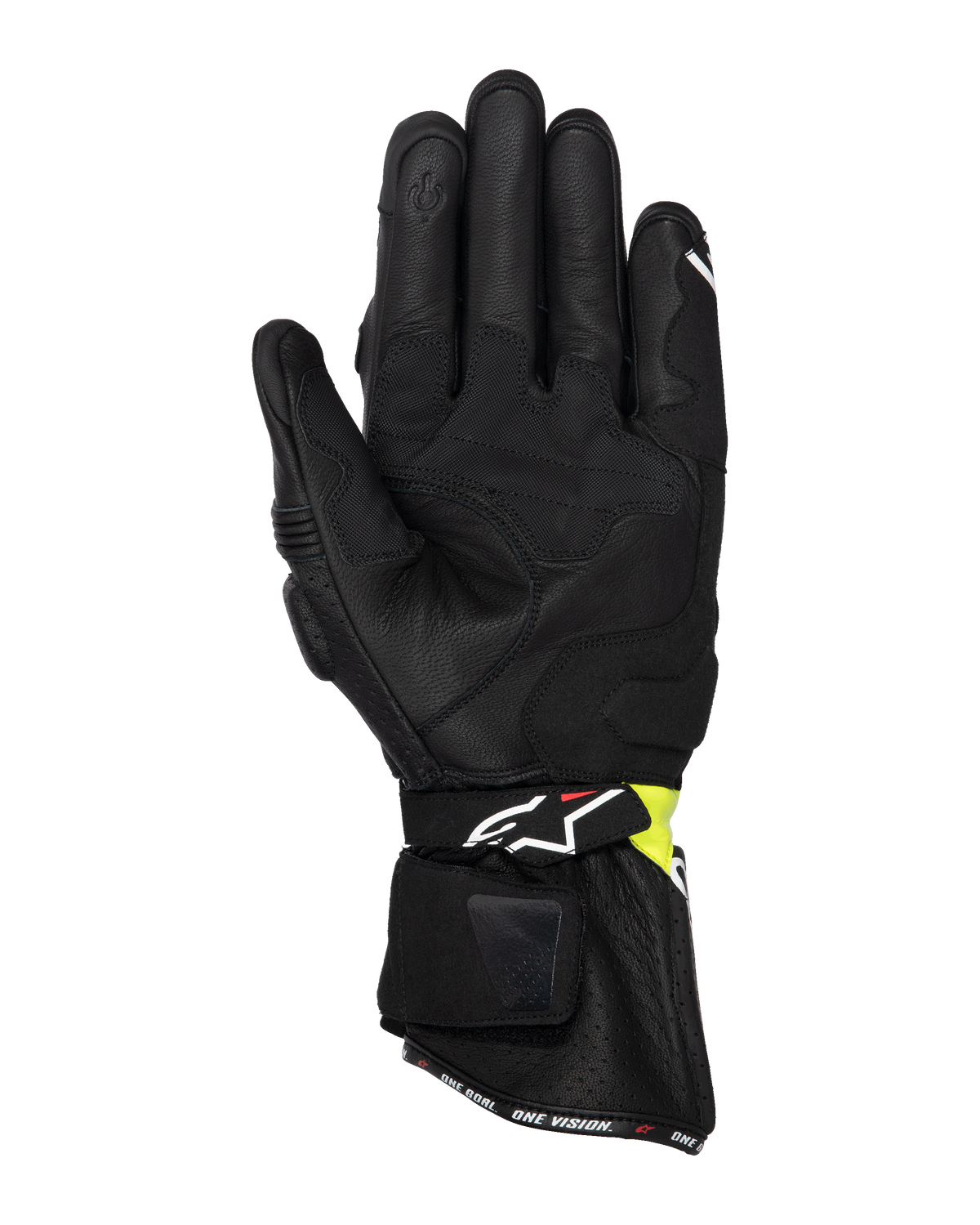 Rękawice Alpinestars SP-3, motocyklowe rękawice szosowe, czarne i żółte fluo, widok od wewnętrznej strony dłoni prezentujący konstrukcję z koziej skóry, wyściełane wzmocnienia dłoni, długi mankiet z regulowanym paskiem oraz palec wskazujący kompatybilny z ekranami dotykowymi