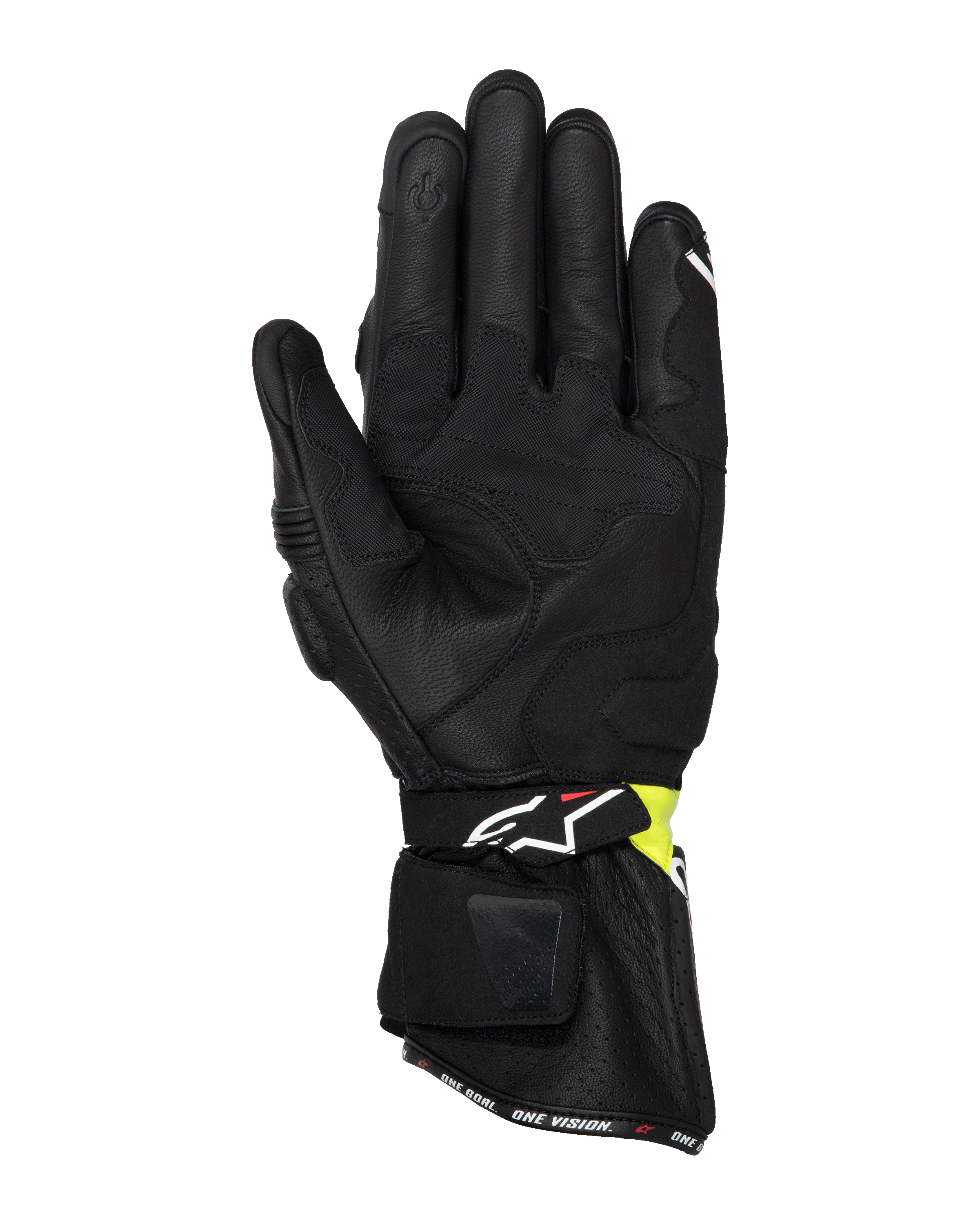 Rękawice Alpinestars SP-3, motocyklowe rękawice szosowe, czarne i żółte fluo, widok od wewnętrznej strony dłoni prezentujący konstrukcję z koziej skóry, wyściełane wzmocnienia dłoni, długi mankiet z regulowanym paskiem oraz palec wskazujący kompatybilny z ekranami dotykowymi
