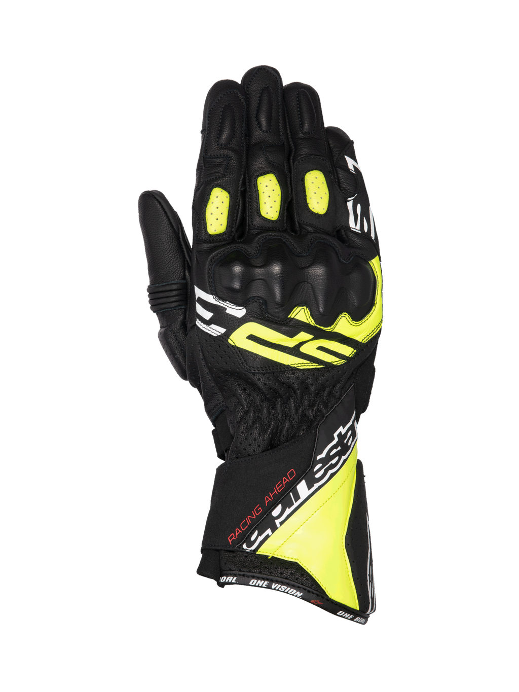 Alpinestars SP-3 Gloves, racing motorcycle gloves for men, black and yellow fluo leather with CE knuckle protection.
