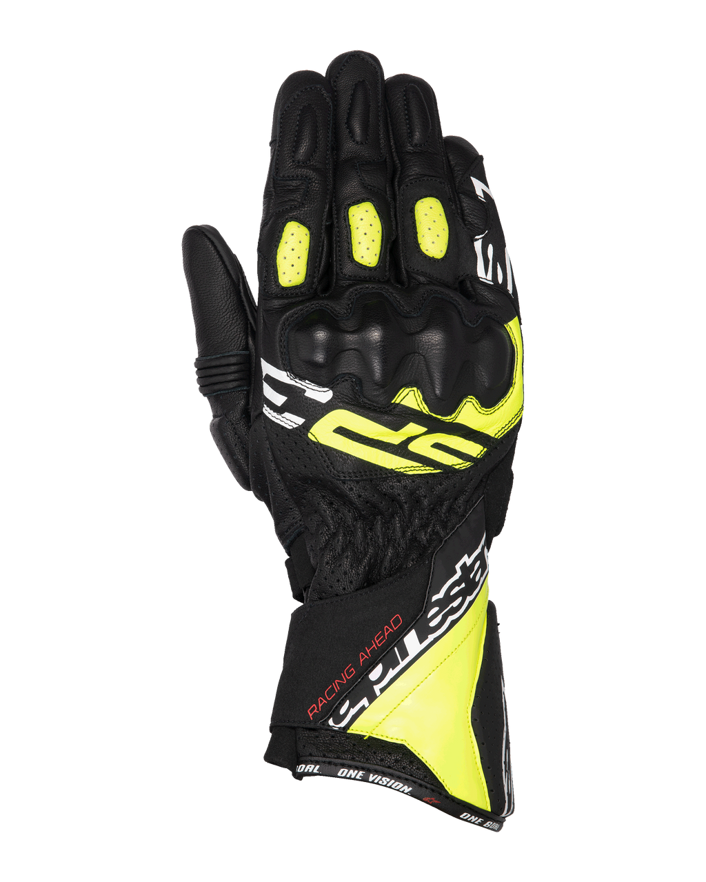 Alpinestars SP-3 Gloves, motocyklowe rękawice wyścigowe, czarne z jaskrawożółtymi (fluo) i białymi akcentami, konstrukcja z długim mankietem i wzmocnioną ochroną kostek, wykonane w całości ze skóry koziej, elastyczne panele harmonijkowe na palcach i bezpieczny podwójny system zapięcia