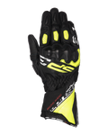 Alpinestars SP-3 Gloves, motocyklowe rękawice wyścigowe, czarne z jaskrawożółtymi (fluo) i białymi akcentami, konstrukcja z długim mankietem i wzmocnioną ochroną kostek, wykonane w całości ze skóry koziej, elastyczne panele harmonijkowe na palcach i bezpieczny podwójny system zapięcia