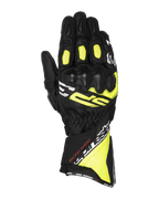 Alpinestars SP-3 Gloves, motocyklowe rękawice wyścigowe, czarne z jaskrawożółtymi (fluo) i białymi akcentami, konstrukcja z długim mankietem i wzmocnioną ochroną kostek, wykonane w całości ze skóry koziej, elastyczne panele harmonijkowe na palcach i bezpieczny podwójny system zapięcia