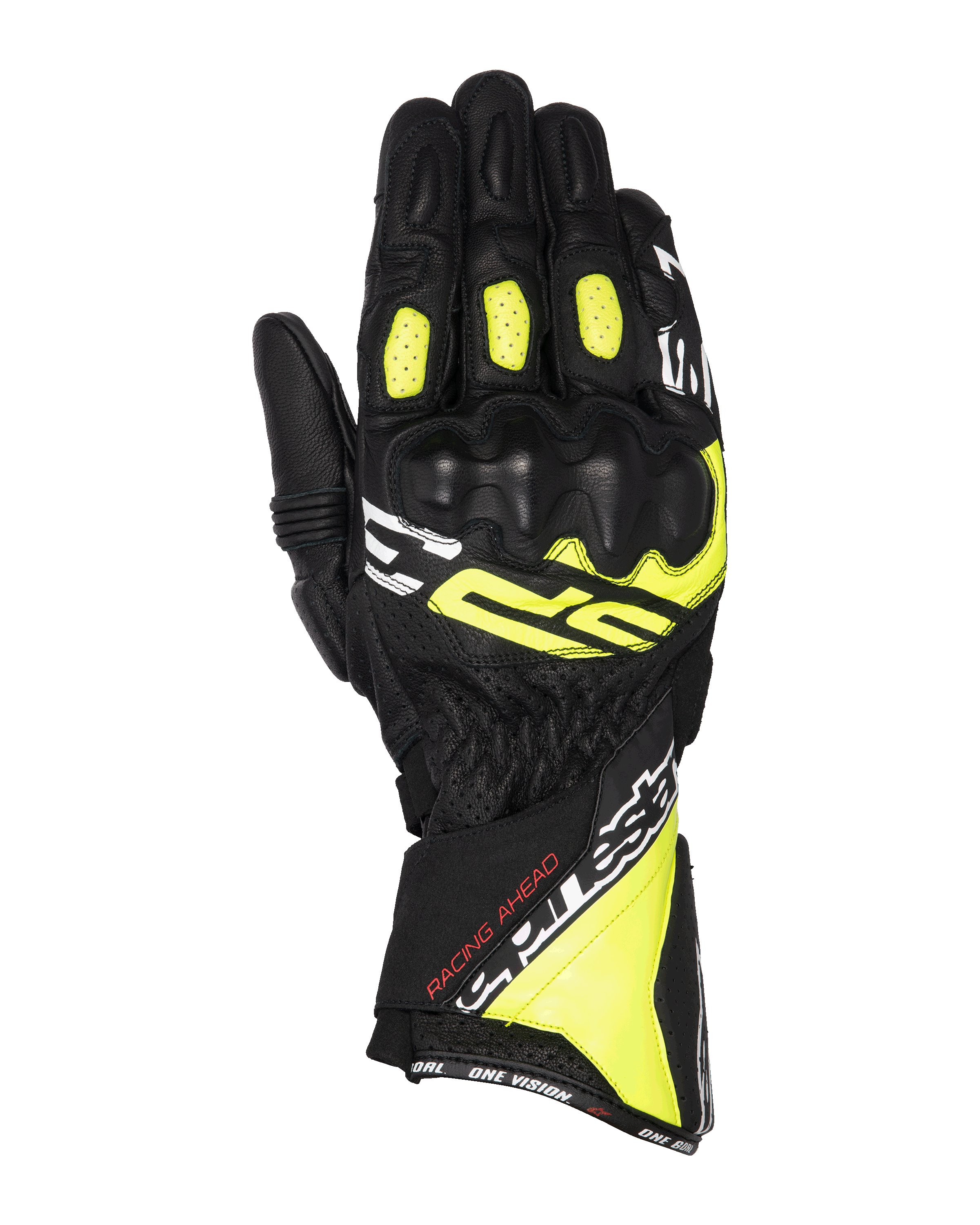 Alpinestars SP-3 Gloves, motocyklowe rękawice wyścigowe, czarne z jaskrawożółtymi (fluo) i białymi akcentami, konstrukcja z długim mankietem i wzmocnioną ochroną kostek, wykonane w całości ze skóry koziej, elastyczne panele harmonijkowe na palcach i bezpieczny podwójny system zapięcia