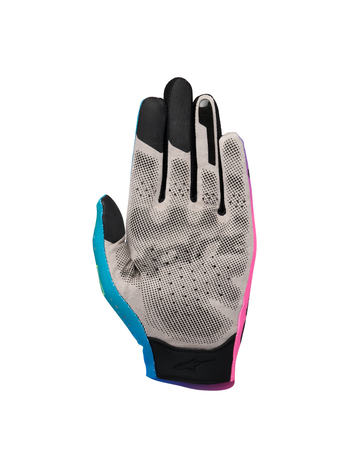 Alpinestars Sim Gloves Graphic 2, rękawice do wyścigów SIM, różowe, cyjanowe i czarne, widok od strony dłoni z szarą tkaniną Nanofront i czarnym wzorem 3D, końcówki palców kompatybilne z ekranami dotykowymi, wyspecjalizowane dla wydajności w wirtualnych wyścigach