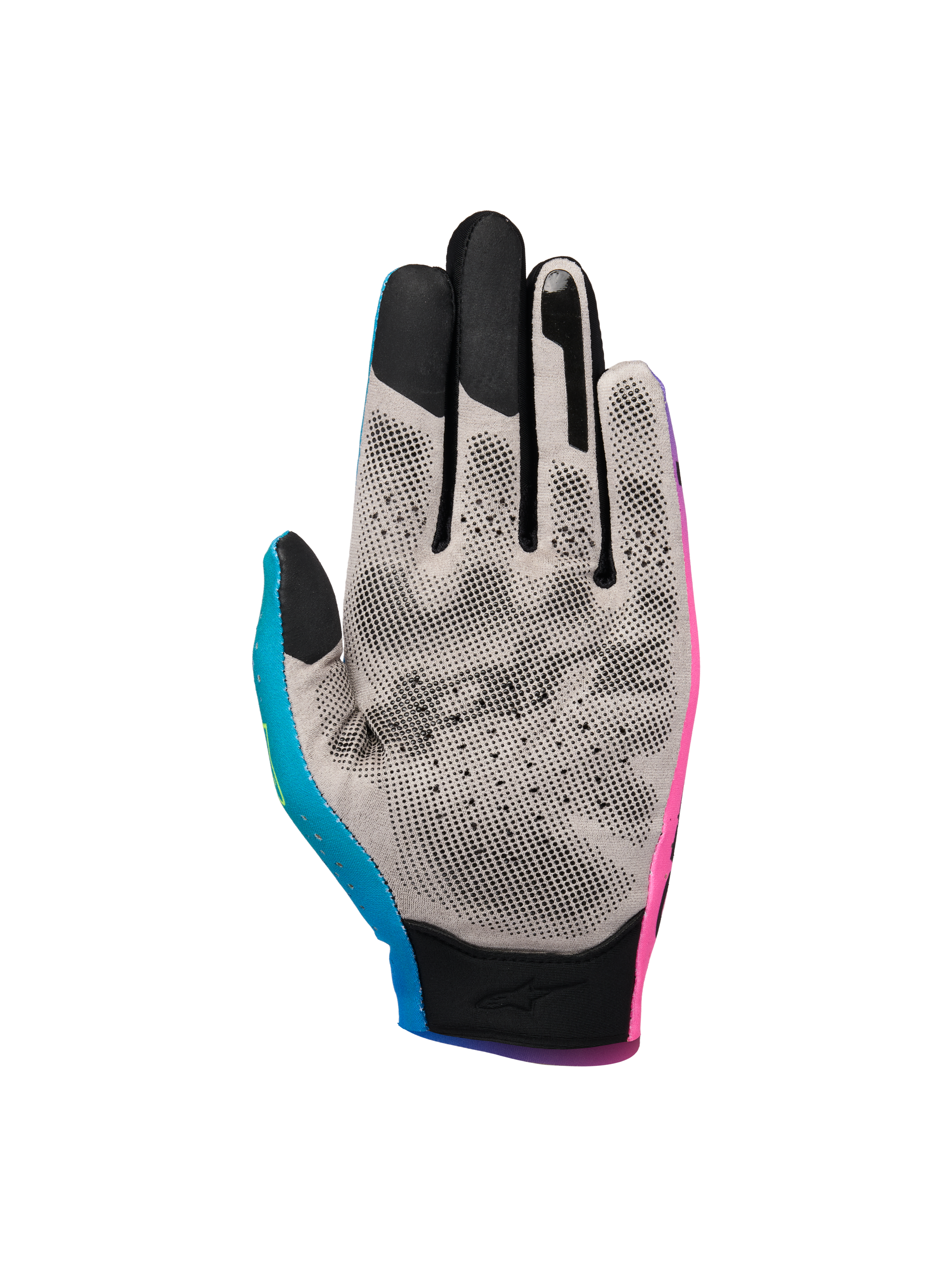 Alpinestars Sim Gloves Graphic 2, SIM Racing Gloves, Pink, Cyan, and Black, palm view featuring grey Nanofront fabric with black 3D grip pattern, touchscreen-compatible fingertips, specialized for virtual racing performance.