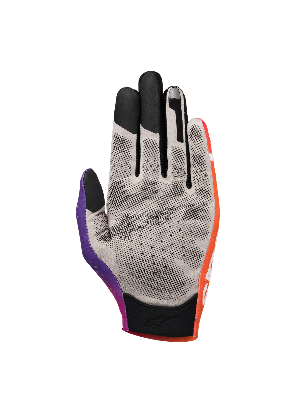 Alpinestars Sim Gloves Graphic 2, rękawice do simracingu, pomarańczowy neonowy, fioletowy i biały, widok dłoni prezentujący szarą tkaninę z czarnymi kropkami antypoślizgowymi 3D, opuszki palców kompatybilne z ekranami dotykowymi, krótki mankiet dla precyzji w wirtualnych wyścigach