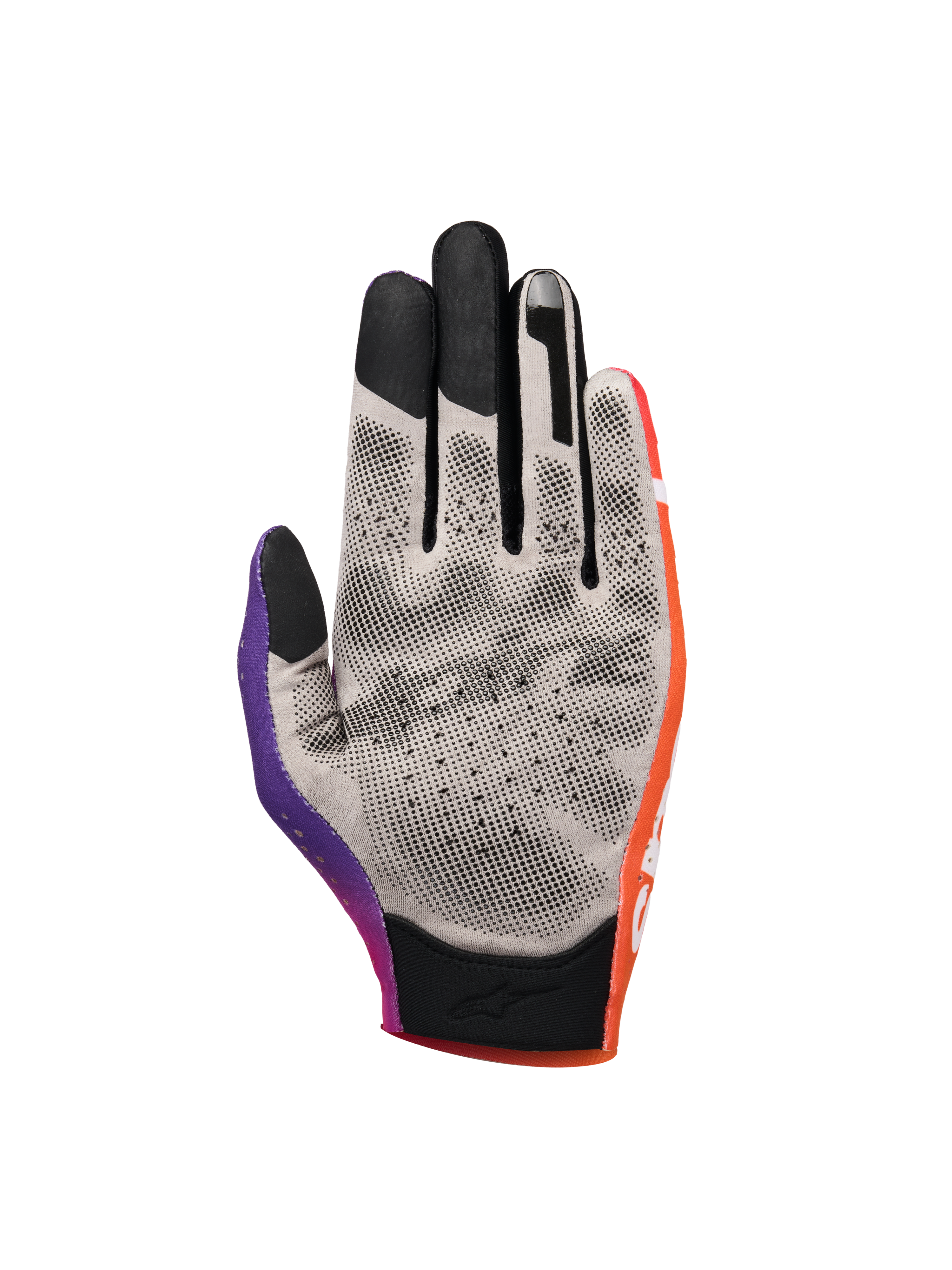 Alpinestars Sim Gloves Graphic 2, rękawice do simracingu, pomarańczowy neonowy, fioletowy i biały, widok dłoni prezentujący szarą tkaninę z czarnymi kropkami antypoślizgowymi 3D, opuszki palców kompatybilne z ekranami dotykowymi, krótki mankiet dla precyzji w wirtualnych wyścigach