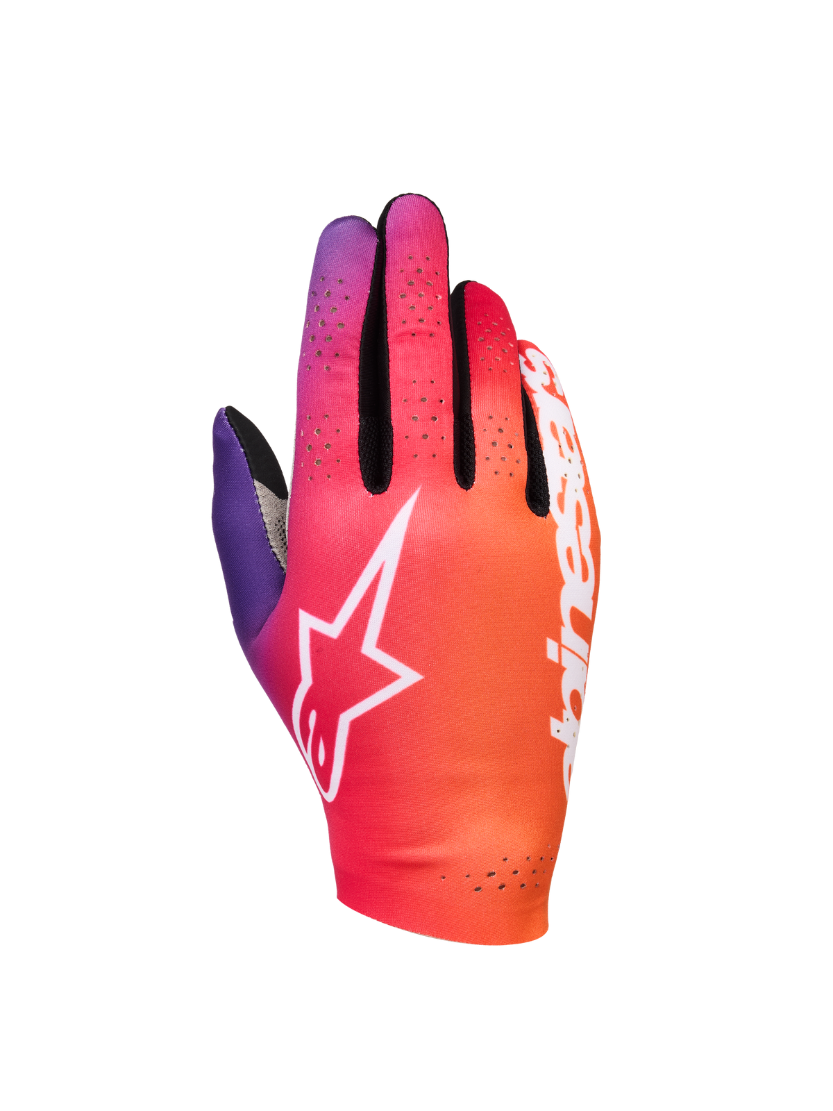 Alpinestars Sim Gloves Graphic 2, rękawice do sim-racingu, gradient pomarańczowy, neonowy fiolet i biel, białe logo gwiazdy, perforowane detale wentylacyjne, lekka elastyczna tkanina z czarnymi akcentami z siatki mesh