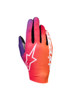 Alpinestars Sim Gloves Graphic 2, rękawice do sim-racingu, gradient pomarańczowy, neonowy fiolet i biel, białe logo gwiazdy, perforowane detale wentylacyjne, lekka elastyczna tkanina z czarnymi akcentami z siatki mesh