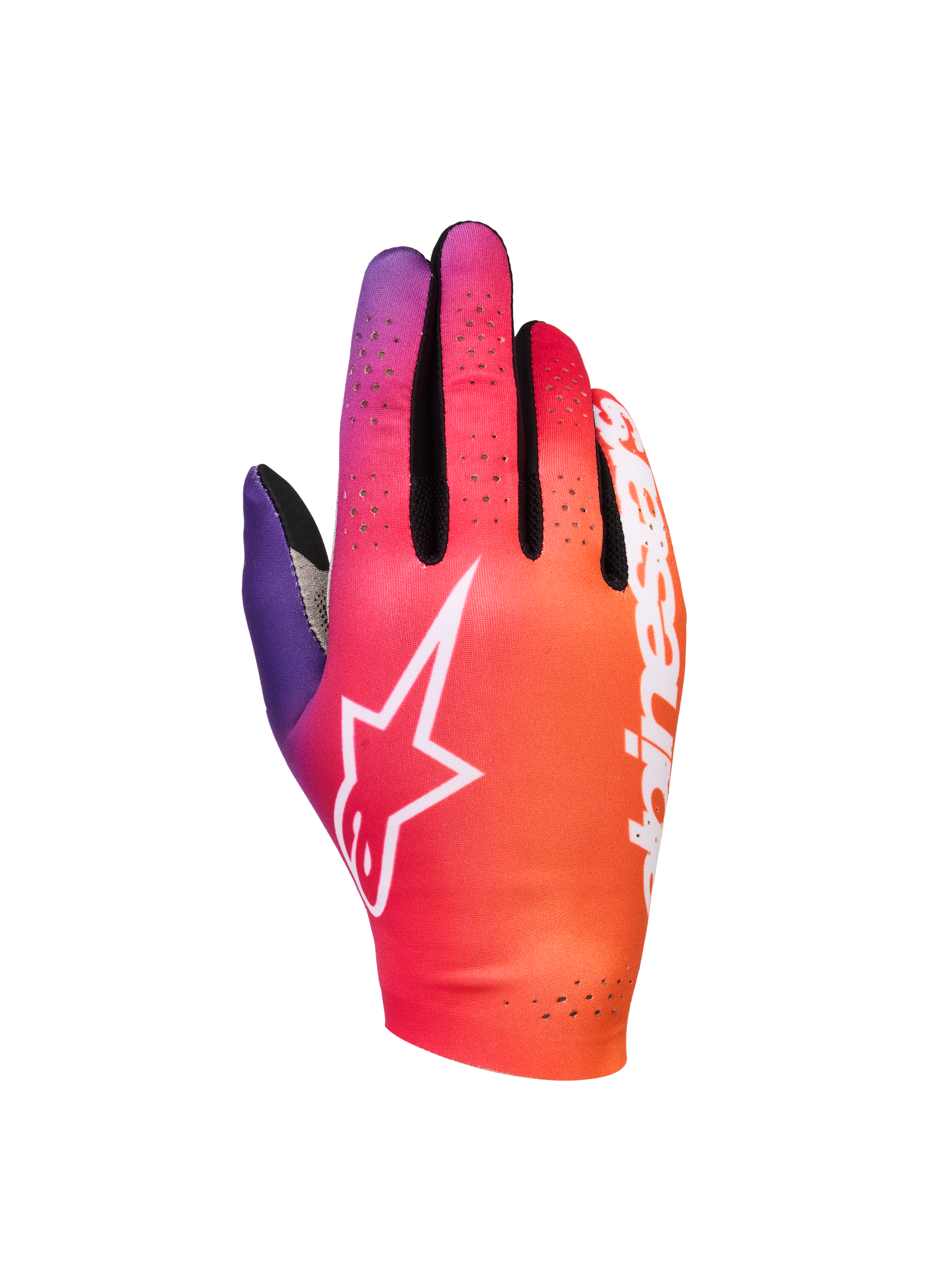 Alpinestars Sim Gloves Graphic 2, rękawice do sim-racingu, gradient pomarańczowy, neonowy fiolet i biel, białe logo gwiazdy, perforowane detale wentylacyjne, lekka elastyczna tkanina z czarnymi akcentami z siatki mesh