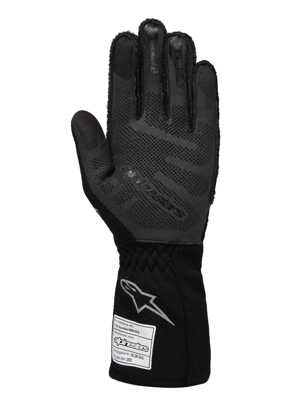 Rękawice Alpinestars Limited Edition Lamborghini Tech-1 ZX V4, rękawice wyścigowe, czarne i ciemnoszare, widok dłoni z technologią silikonowego uchwytu 3D, srebrne logo na mankiecie, metka z homologacją FIA, profesjonalny sprzęt do sportów motorowych