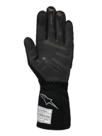 Rękawice Alpinestars Limited Edition Lamborghini Tech-1 ZX V4, rękawice wyścigowe, czarne i ciemnoszare, widok dłoni z technologią silikonowego uchwytu 3D, srebrne logo na mankiecie, metka z homologacją FIA, profesjonalny sprzęt do sportów motorowych