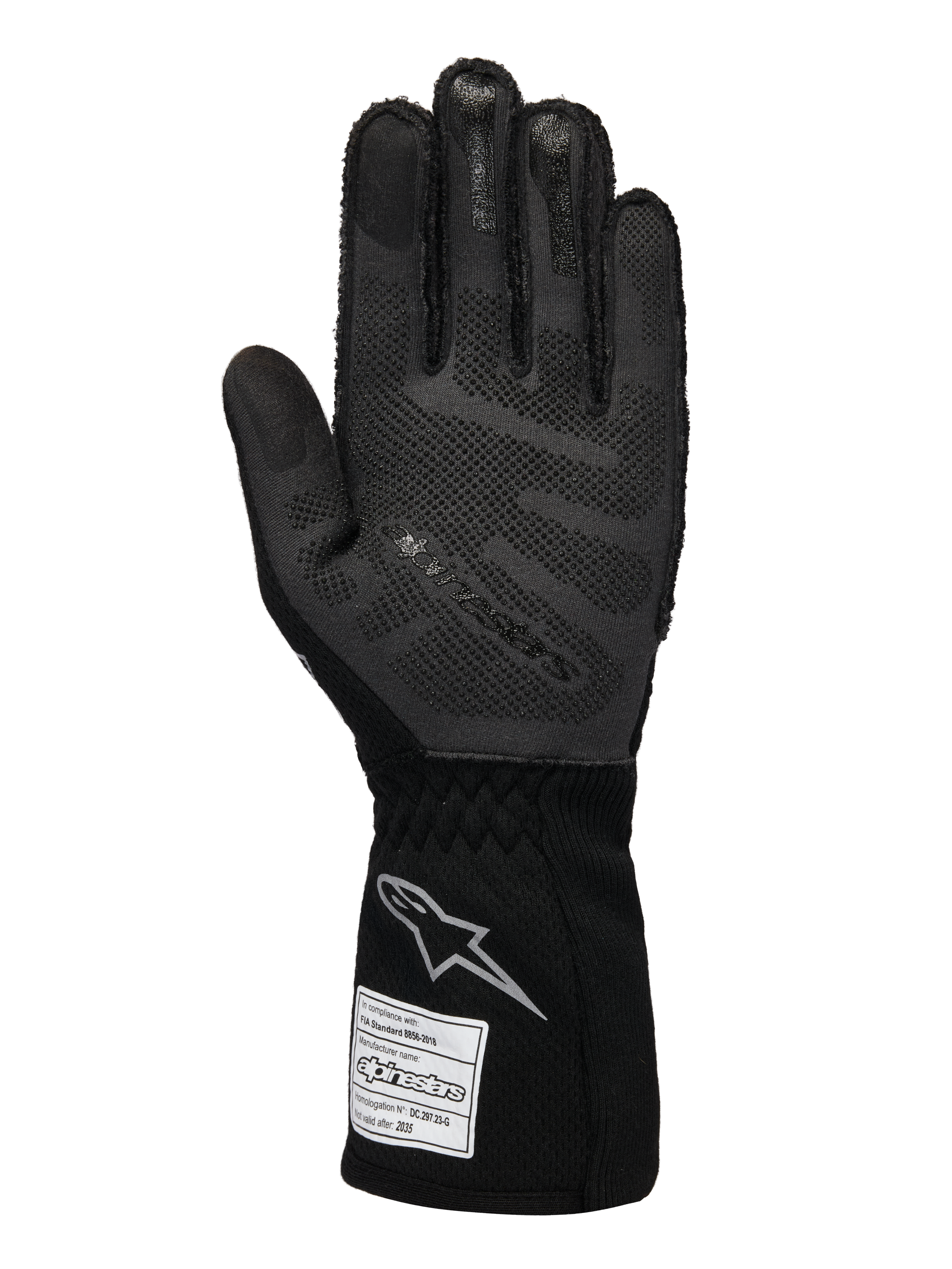 Rękawice Alpinestars Limited Edition Lamborghini Tech-1 ZX V4, rękawice wyścigowe, czarne i ciemnoszare, widok dłoni z technologią silikonowego uchwytu 3D, srebrne logo na mankiecie, metka z homologacją FIA, profesjonalny sprzęt do sportów motorowych