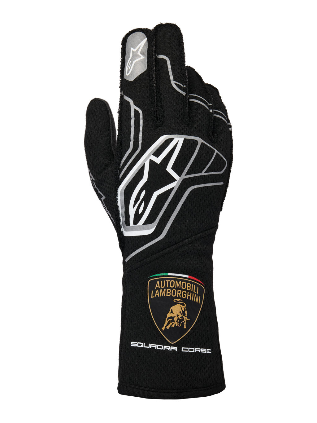 Rękawice Alpinestars Limited Edition Lamborghini Tech-1 ZX V4, czarne z ciemnoszarymi i białymi akcentami, widoczne logo Alpinestars i tarcza Automobili Lamborghini Squadra Corse na mankiecie, profesjonalne rękawice wyścigowe z certyfikatem FIA