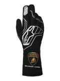 Rękawice Alpinestars Limited Edition Lamborghini Tech-1 ZX V4, czarne z ciemnoszarymi i białymi akcentami, widoczne logo Alpinestars i tarcza Automobili Lamborghini Squadra Corse na mankiecie, profesjonalne rękawice wyścigowe z certyfikatem FIA