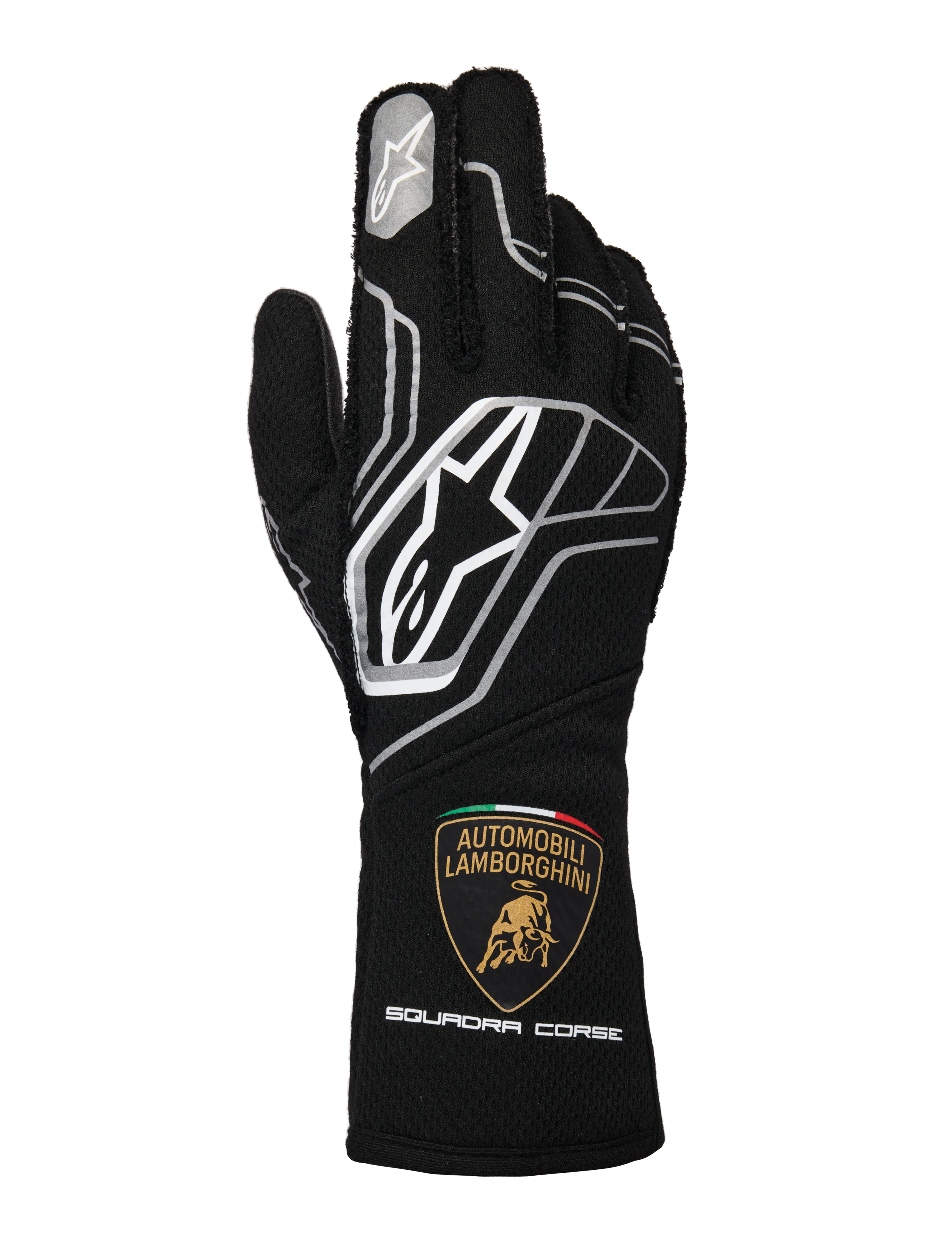 Rękawice Alpinestars Limited Edition Lamborghini Tech-1 ZX V4, czarne z ciemnoszarymi i białymi akcentami, widoczne logo Alpinestars i tarcza Automobili Lamborghini Squadra Corse na mankiecie, profesjonalne rękawice wyścigowe z certyfikatem FIA