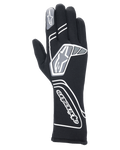 Alpinestars Tech-1 Start V4 Gloves FIA, profesjonalne rękawice wyścigowe w kolorze czarnym, z białymi i szarymi wzorami geometrycznymi i brandingiem Alpinestars, przedłużony mankiet zapewniający ochronę przed ogniem i wysoką temperaturą, lekka, wstępnie zakrzywiona konstrukcja do sportów motorowych