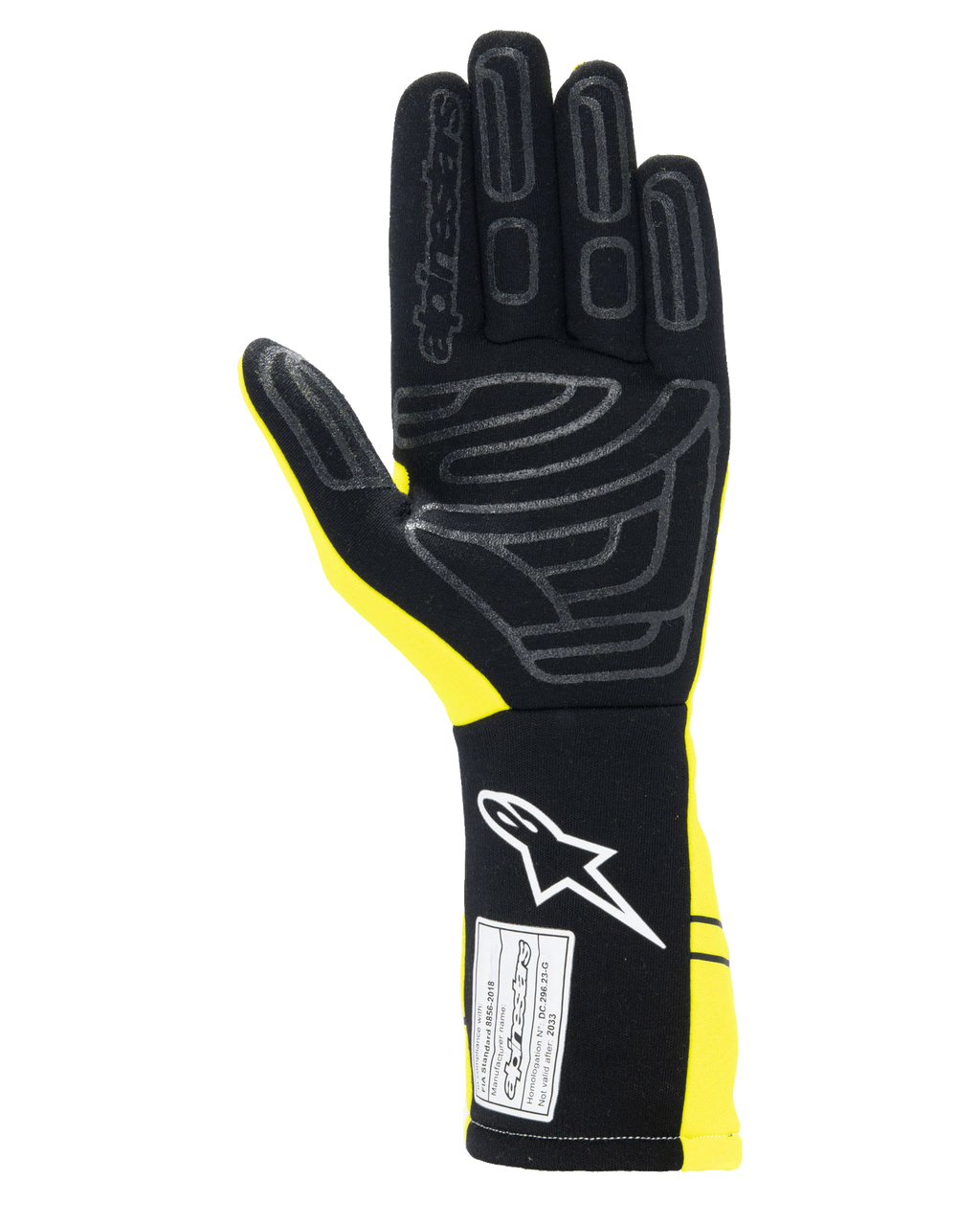 Alpinestars Tech-1 Start V4 Gloves FIA, samochodowe rękawice wyścigowe, żółty fluo i czarny, widok dłoni z silikonowymi wzorami zwiększającymi przyczepność, przedłużony mankiet z białym logo i etykietą certyfikacji FIA