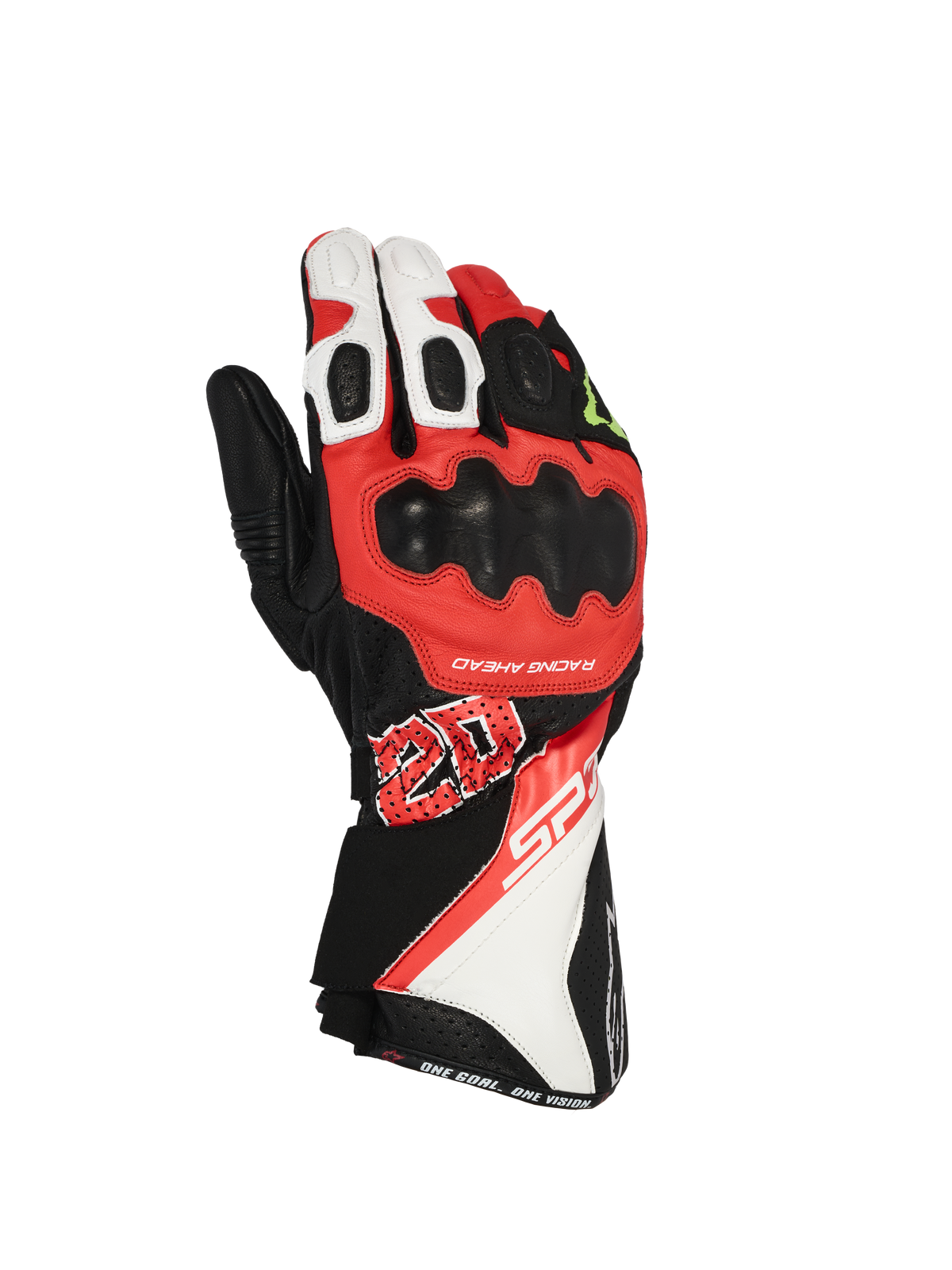 Alpinestars FQ20 SP-3 Monster Gloves, motocyklowe rękawice wyścigowe, czarne, czerwone fluo i białe, długi mankiet, twardy ochraniacz kostek, wyraźna grafika „20” i branding SP-3, skórzana konstrukcja do jazdy sportowej i szosowej