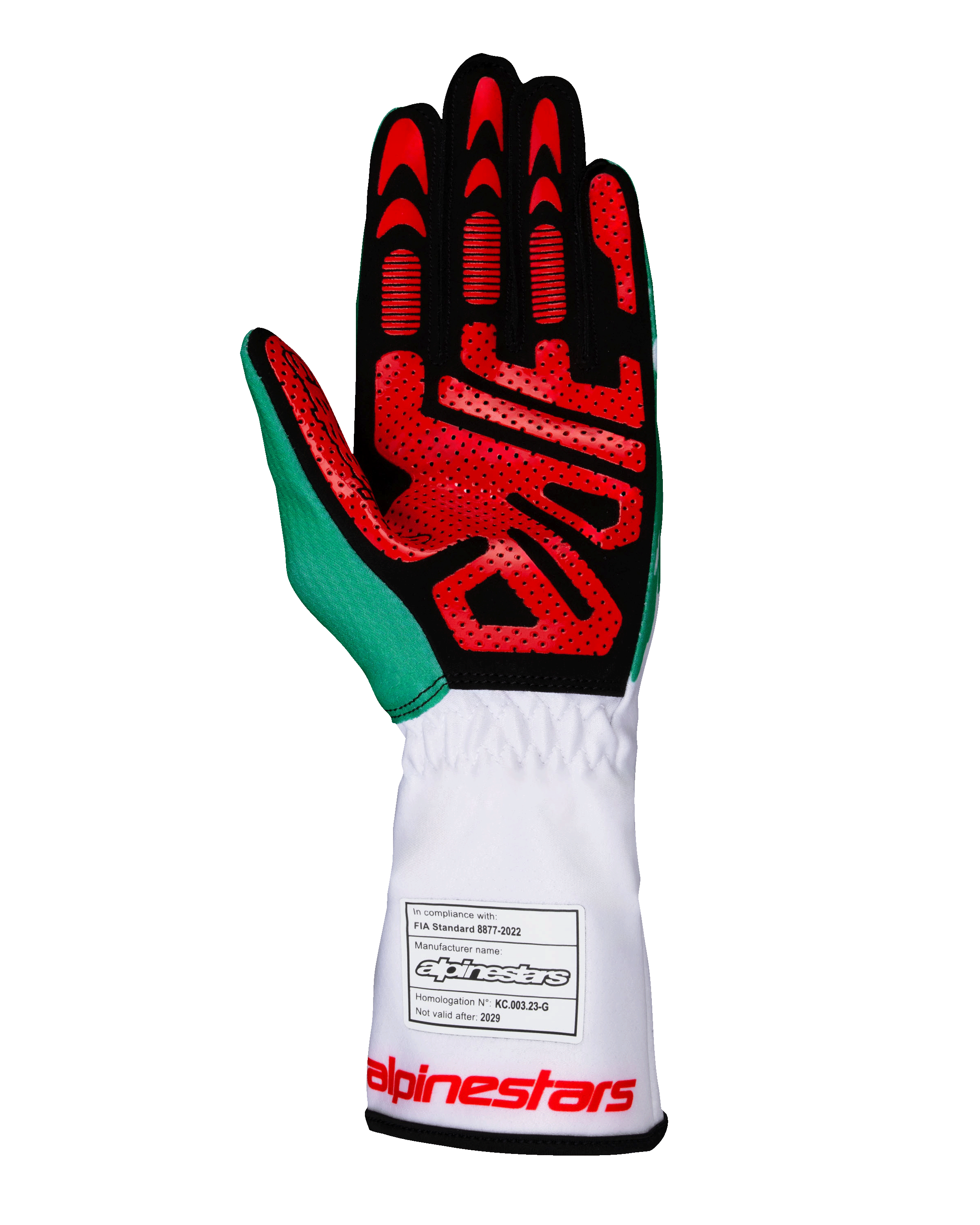 Rękawice Alpinestars Tech-1 K V3, rękawice kartingowe, białe, zielone i czerwone, widok dłoni z czarnego syntetycznego zamszu z czerwonymi silikonowymi wzorami zwiększającymi przyczepność, zielony akcent na kciuku, biały długi mankiet z etykietą homologacji FIA i czerwonym logo, profesjonalny sprzęt wyścigowy