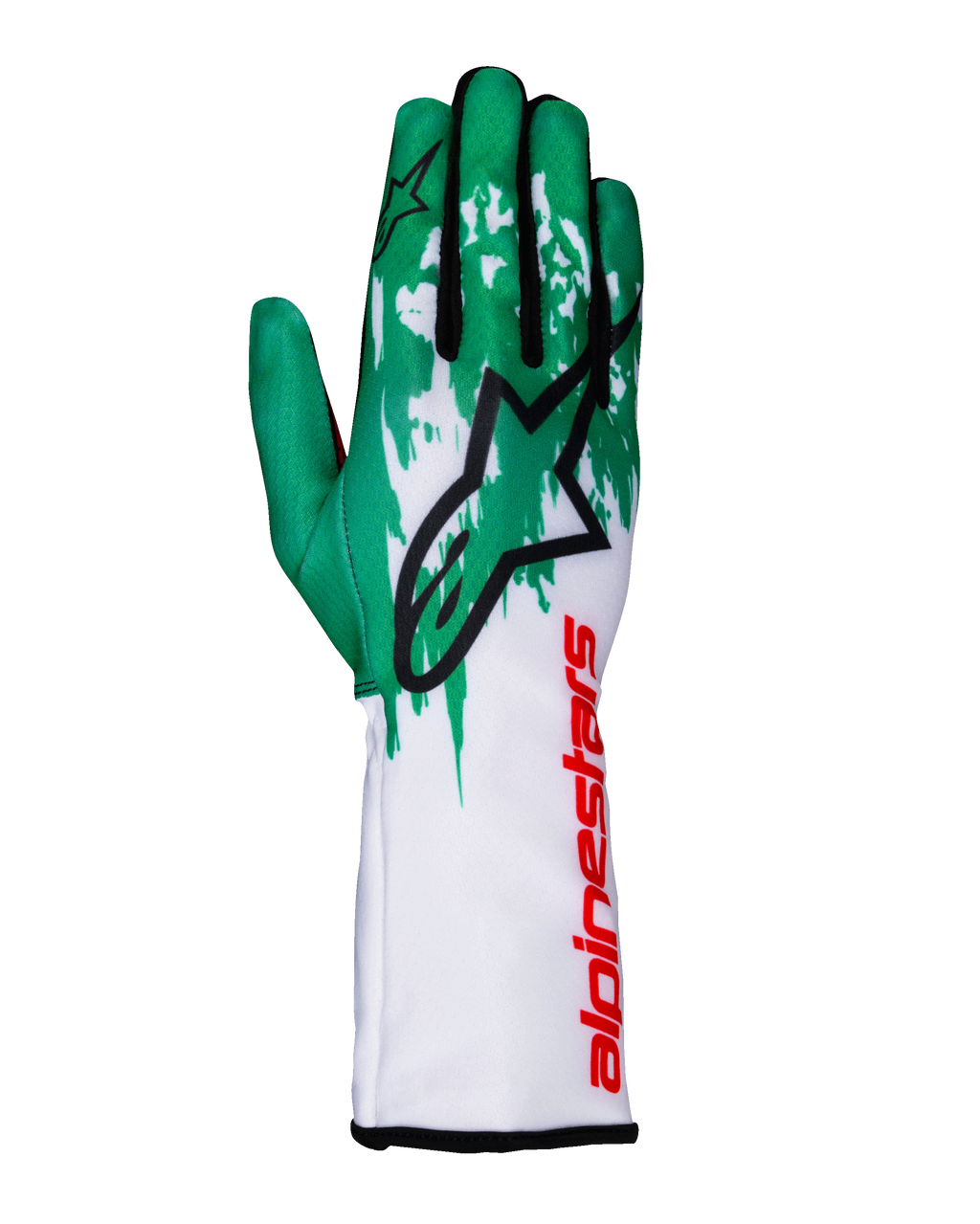 Alpinestars Tech-1 K V3, rękawice kartingowe, biało-zielono-czerwone, duże czarne logo gwiazdy na wierzchu dłoni, pionowy czerwony napis Alpinestars na mankiecie, zielono-biały wzór graficzny na palcach, techniczny dopasowany krój