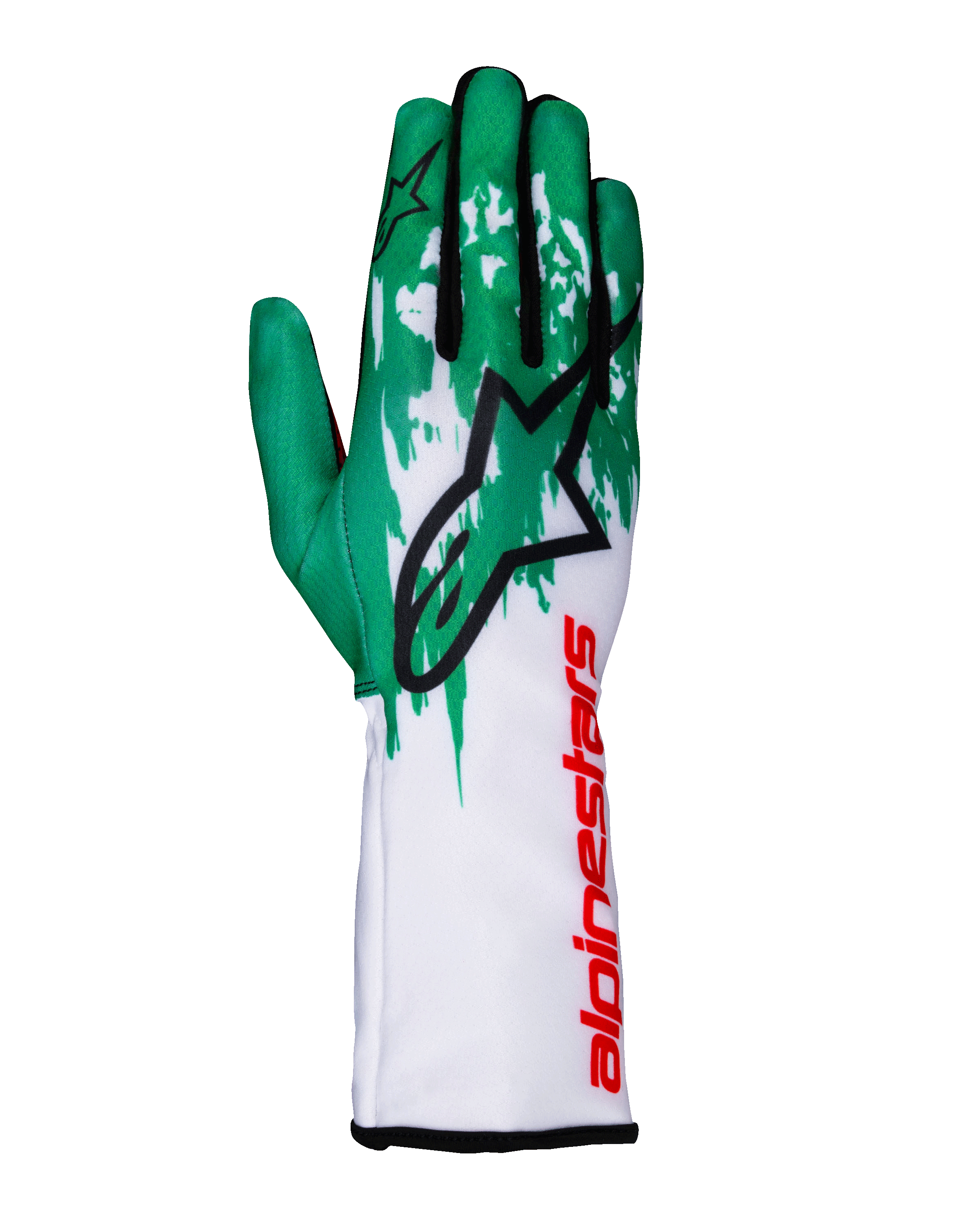 Alpinestars Tech-1 K V3, rękawice kartingowe, biało-zielono-czerwone, duże czarne logo gwiazdy na wierzchu dłoni, pionowy czerwony napis Alpinestars na mankiecie, zielono-biały wzór graficzny na palcach, techniczny dopasowany krój