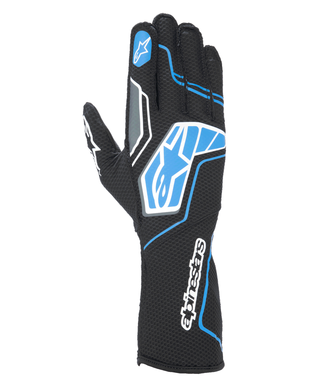 Alpinestars Tech-1 KX V4 Gloves, rękawice kartingowe, czarno-niebieskie, dwuwarstwowa oddychająca siateczka, niebiesko-białe wzory graficzne z logo Alpinestars, sportowy design do kartingu wyczynowego