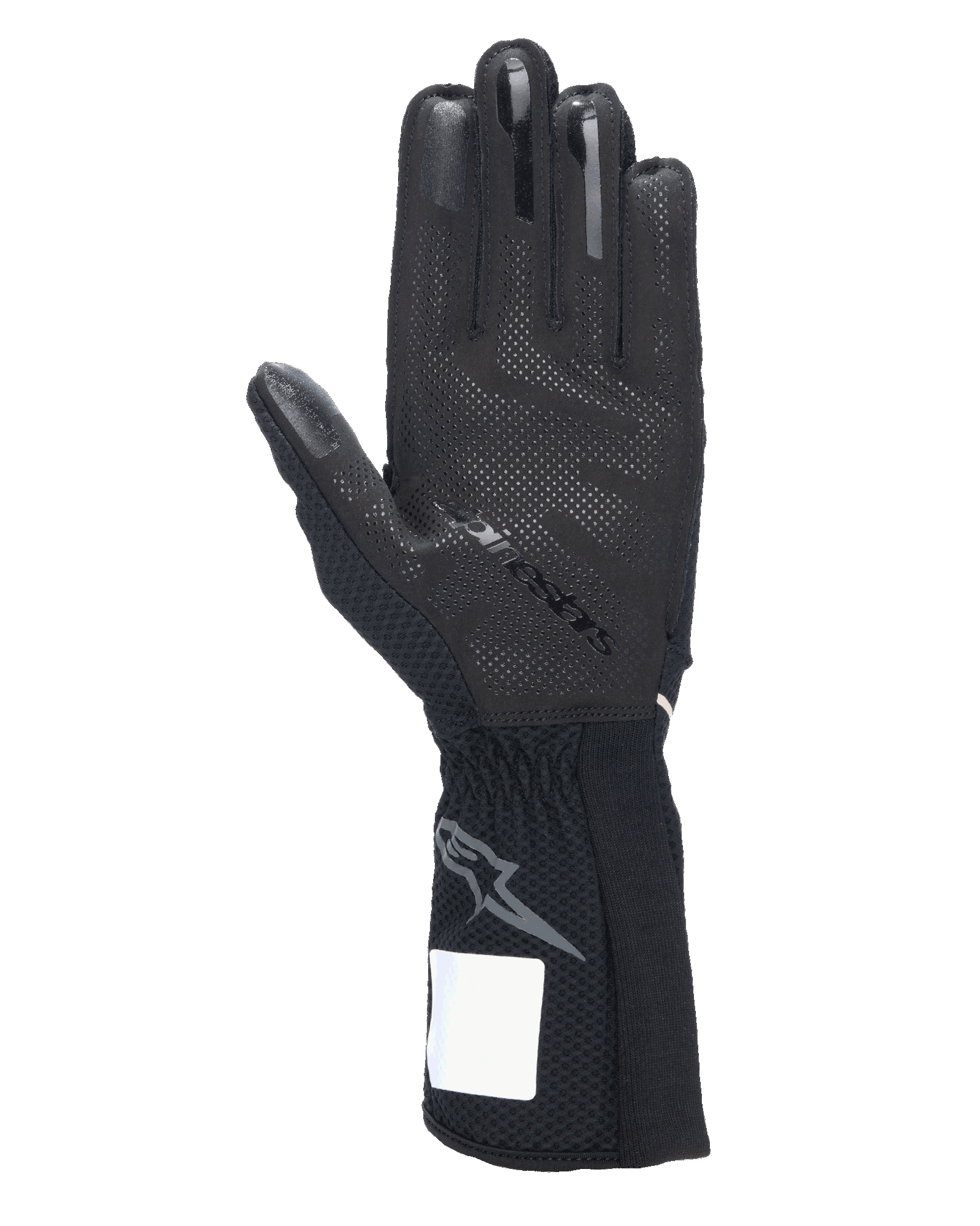Rękawice Alpinestars Tech-1 KX V4, rękawice kartingowe, czarne, widok od strony dłoni z silikonowym wzorem 3D, zewnętrznymi szwami i żebrowanym mankietem z szarym logo Astars, profesjonalny sprzęt wyścigowy