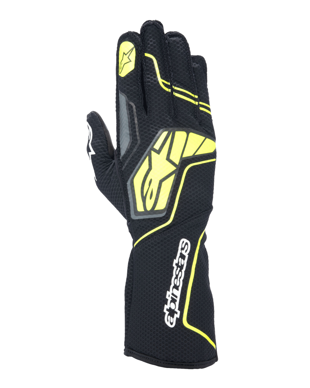 Rękawice kartingowe Alpinestars Tech-1 KX V4, kolory Tar Gray, czarny i żółty fluorescencyjny, widok grzbietu dłoni z oddychającą siatką, duże żółte logo Alpinestars, biały logotyp na nadgarstku, żółta gwiazda na palcu wskazującym, nowoczesny sportowy design