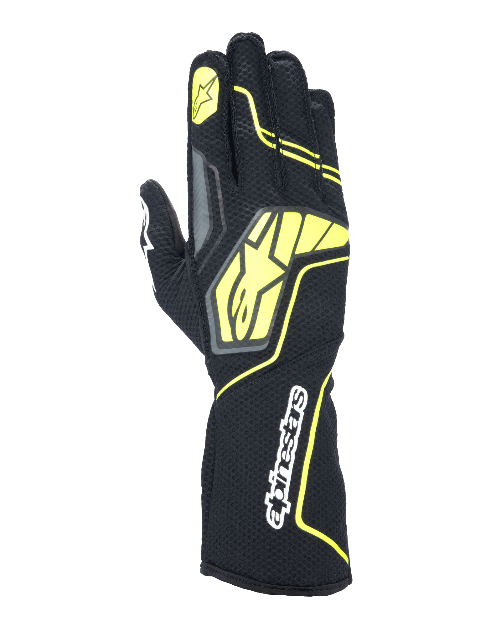 Rękawice kartingowe Alpinestars Tech-1 KX V4, kolory Tar Gray, czarny i żółty fluorescencyjny, widok grzbietu dłoni z oddychającą siatką, duże żółte logo Alpinestars, biały logotyp na nadgarstku, żółta gwiazda na palcu wskazującym, nowoczesny sportowy design