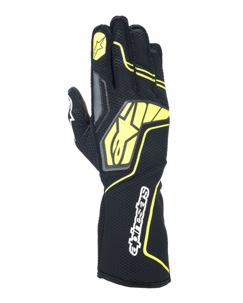 Rękawice kartingowe Alpinestars Tech-1 KX V4, kolory Tar Gray, czarny i żółty fluorescencyjny, widok grzbietu dłoni z oddychającą siatką, duże żółte logo Alpinestars, biały logotyp na nadgarstku, żółta gwiazda na palcu wskazującym, nowoczesny sportowy design