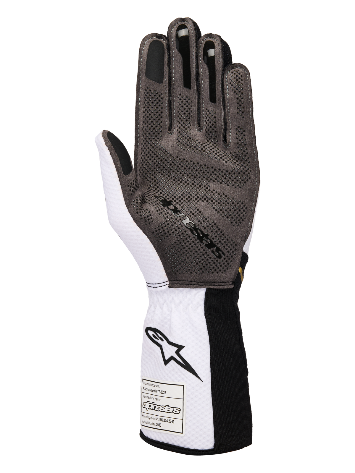 Rękawice Alpinestars Tech-1 KX V4, rękawice kartingowe, biało-czarno-złote, widok od strony dłoni z silikonowym wzorem 3D, oddychająca konstrukcja z białej siateczki, naszywka z certyfikatem FIA 8877-2022 na mankiecie