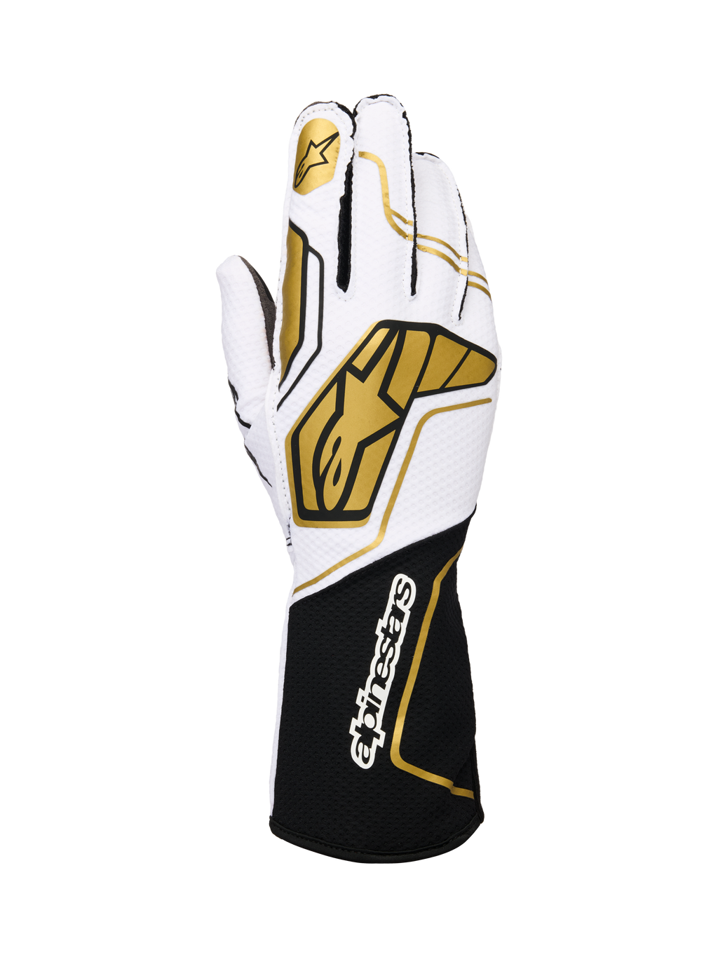 Alpinestars Tech-1 KX V4 Gloves, rękawice kartingowe, biało-czarne ze złotymi akcentami, złote logo gwiazdy na palcu wskazującym i duże złote wzory geometryczne na grzbiecie, oddychająca konstrukcja z siateczki, czarny mankiet z białym logo marki, ergonomiczny design dla sportów motorowych