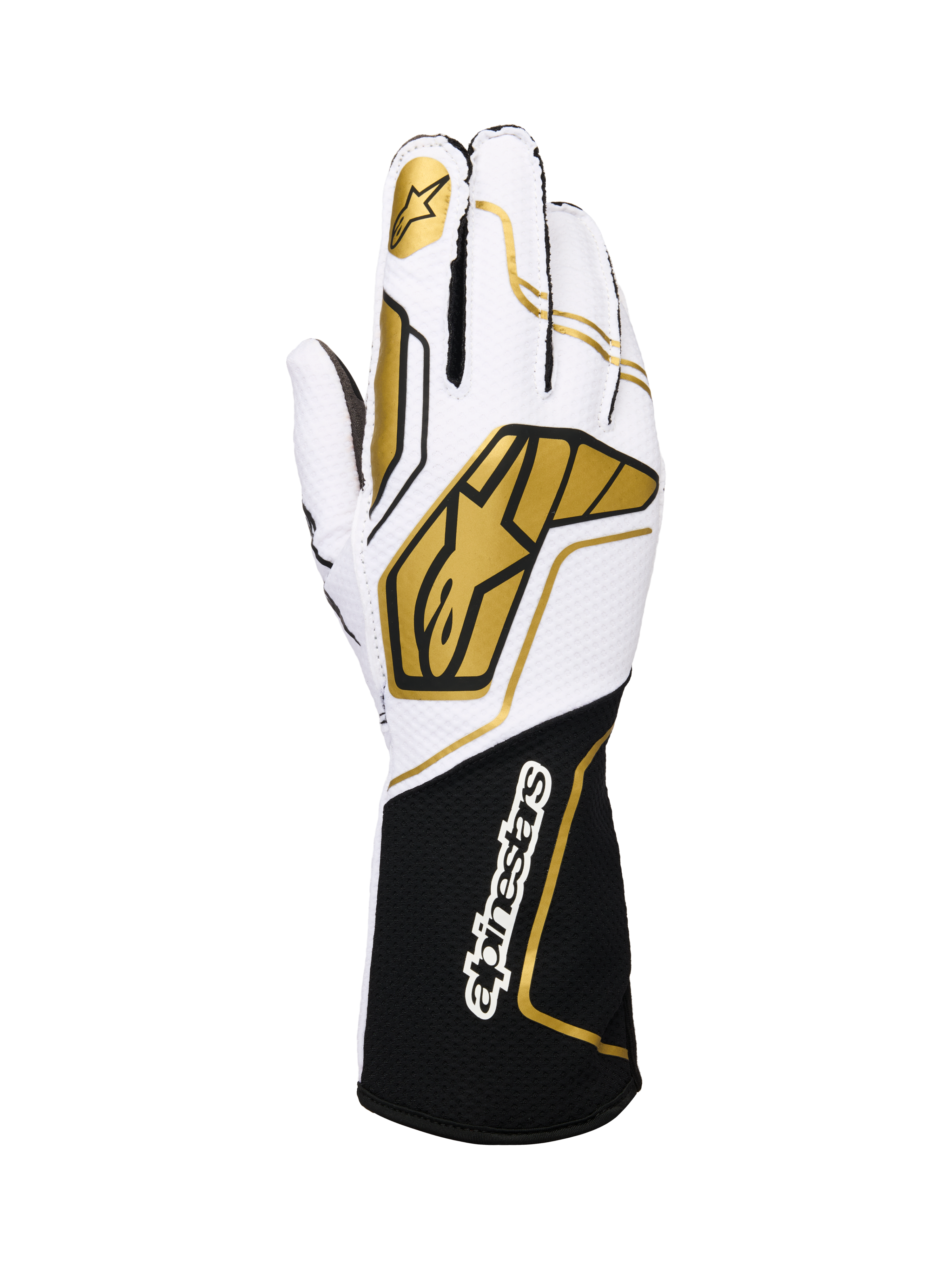 Alpinestars Tech-1 KX V4 Gloves, rękawice kartingowe, biało-czarne ze złotymi akcentami, złote logo gwiazdy na palcu wskazującym i duże złote wzory geometryczne na grzbiecie, oddychająca konstrukcja z siateczki, czarny mankiet z białym logo marki, ergonomiczny design dla sportów motorowych