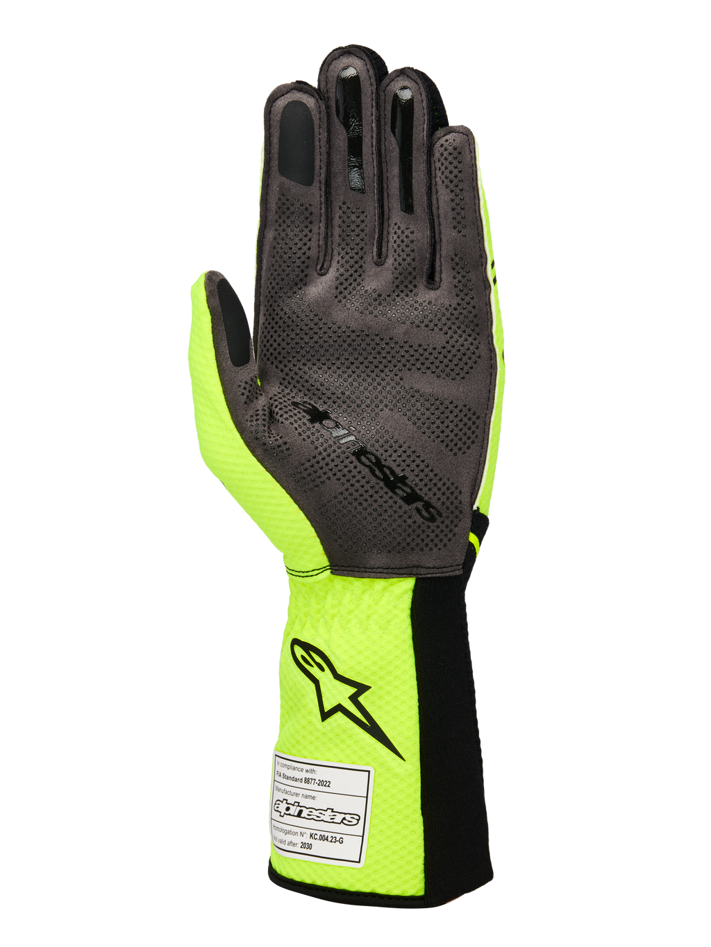 Rękawice Alpinestars Tech-1 KX V4, rękawice kartingowe, żółty neonowy i czarny, widok od strony dłoni z szarym syntetycznym zamszem i silikonowym wzorem 3D, naszywka z homologacją FIA na prążkowanym mankiecie, wyczynowy design wyścigowy