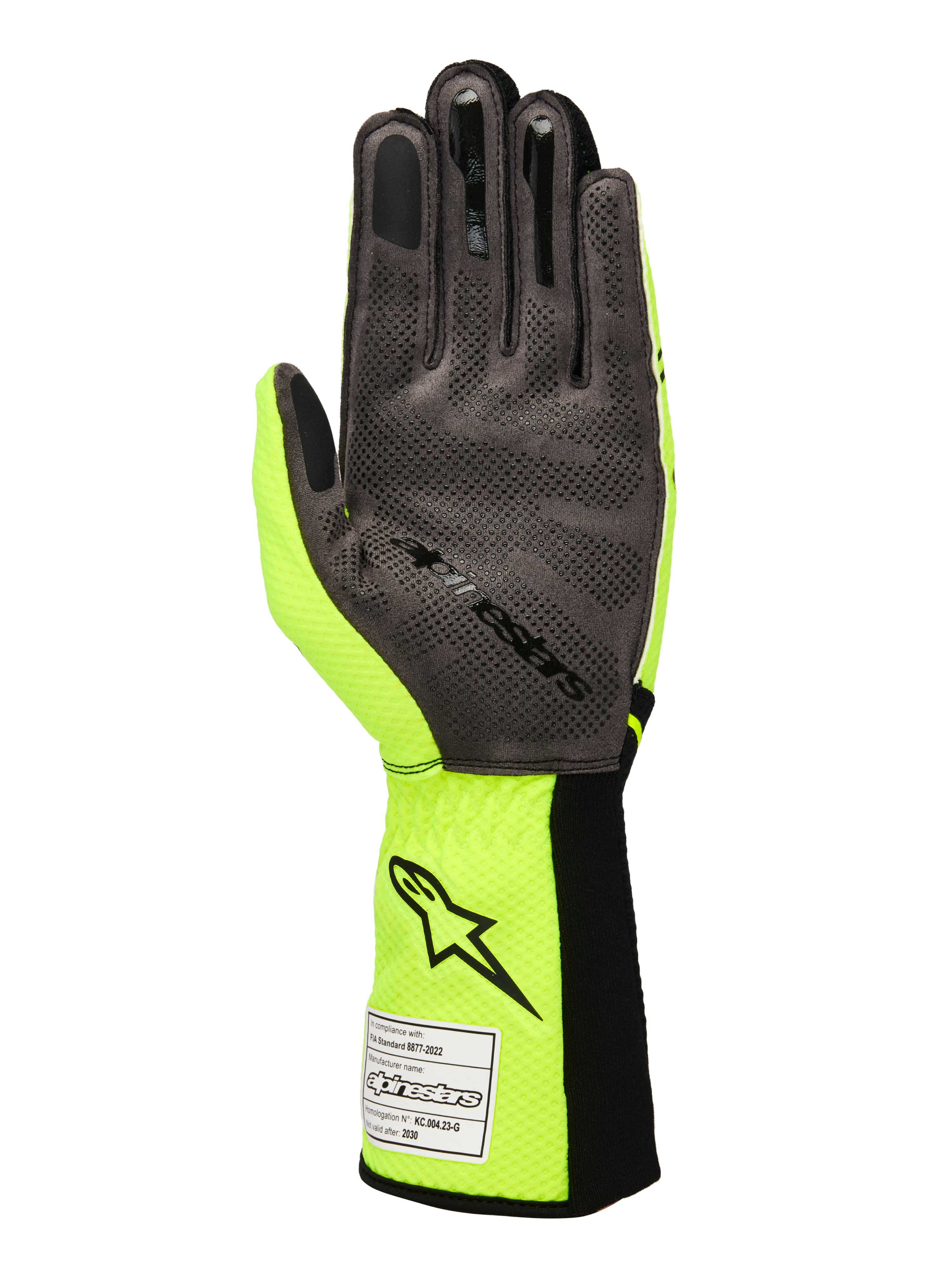 Rękawice Alpinestars Tech-1 KX V4, rękawice kartingowe, żółty neonowy i czarny, widok od strony dłoni z szarym syntetycznym zamszem i silikonowym wzorem 3D, naszywka z homologacją FIA na prążkowanym mankiecie, wyczynowy design wyścigowy