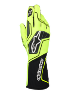 Rękawice Alpinestars Tech-1 KX V4, rękawice kartingowe, żółte fluo i czarne, widok z tyłu przedstawiający oddychającą dwuwarstwową konstrukcję z siatki, wyraziste logo Astar na dłoni oraz napis Alpinestars na przedłużonym żebrowanym mankiecie, ergonomiczny sportowy design.