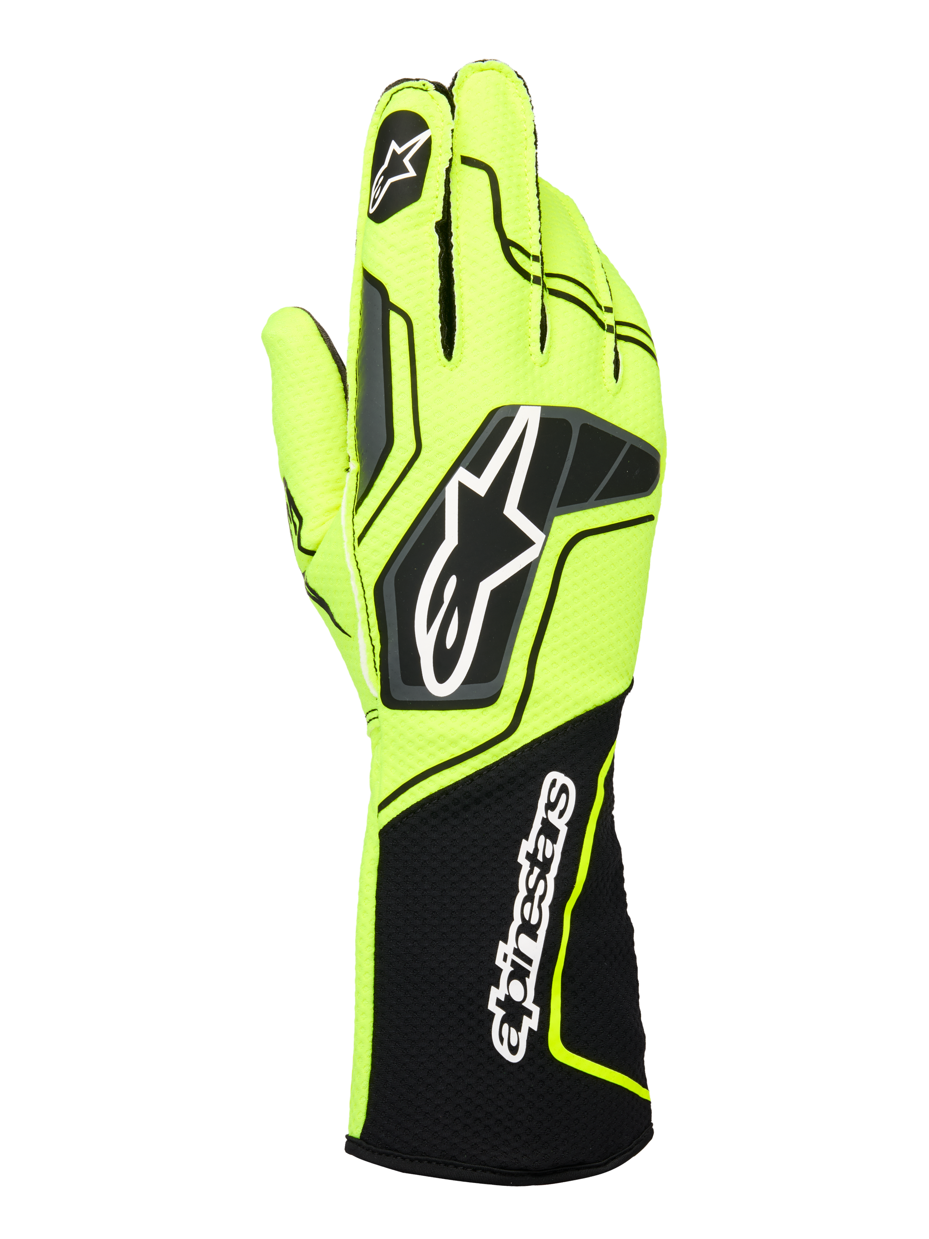 Rękawice Alpinestars Tech-1 KX V4, rękawice kartingowe, żółte fluo i czarne, widok z tyłu przedstawiający oddychającą dwuwarstwową konstrukcję z siatki, wyraziste logo Astar na dłoni oraz napis Alpinestars na przedłużonym żebrowanym mankiecie, ergonomiczny sportowy design.