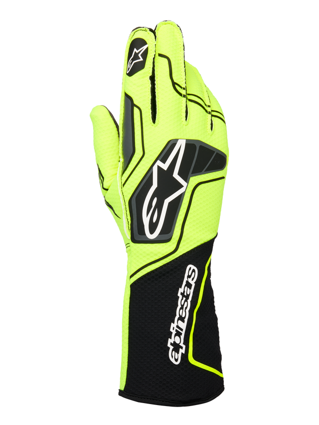 Rękawice Alpinestars Tech-1 KX V4, rękawice kartingowe, żółte fluo i czarne, widok z tyłu przedstawiający oddychającą dwuwarstwową konstrukcję z siatki, wyraziste logo Astar na dłoni oraz napis Alpinestars na przedłużonym żebrowanym mankiecie, ergonomiczny sportowy design.