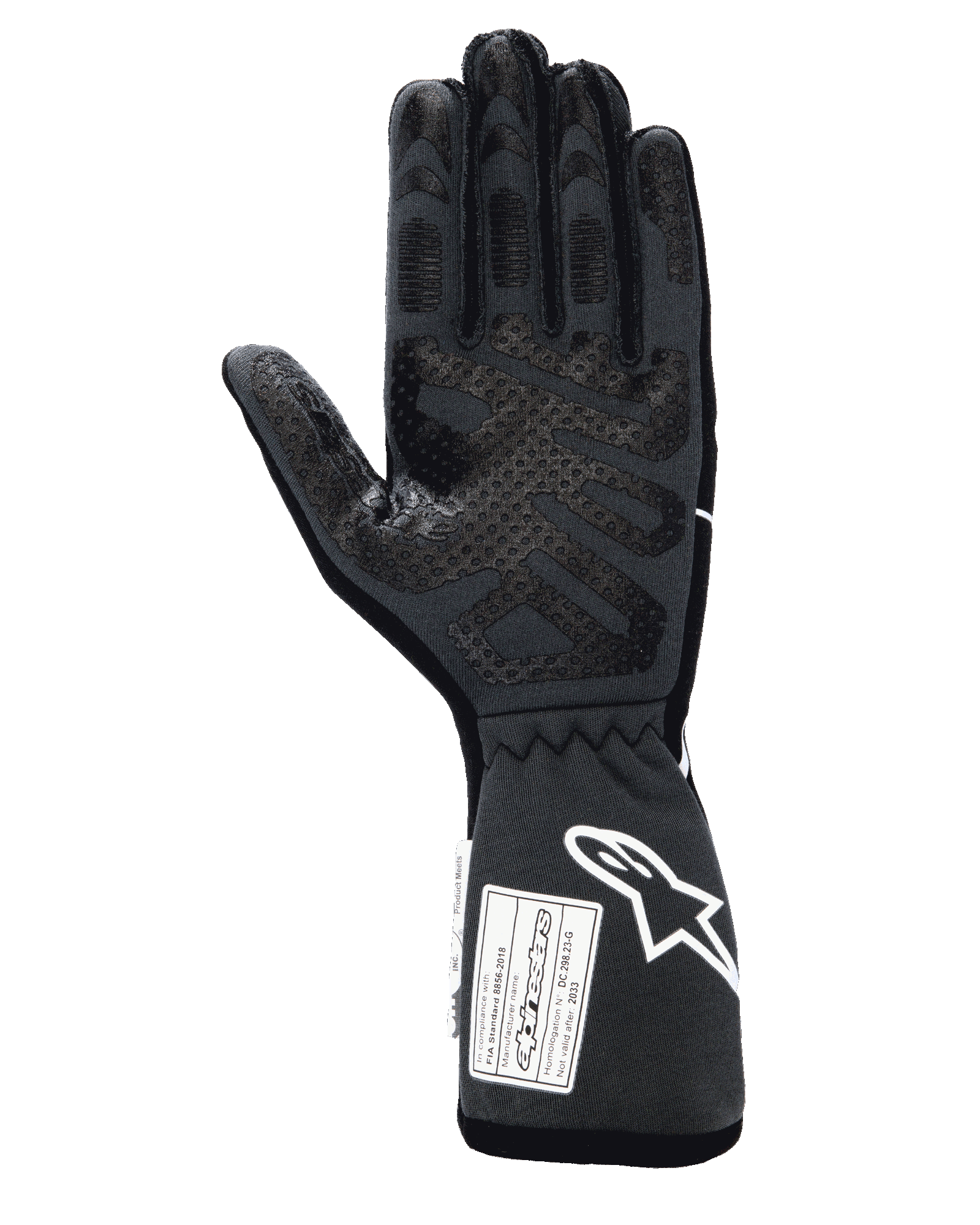 Rękawice Alpinestars Tech-1 Race V4, profesjonalne rękawice wyścigowe, czarno-szare (Black Tar Gray), widok od strony dłoni z silikonowym wzorem poprawiającym chwyt na palcach i wnętrzu dłoni, przedłużony mankiet z białym logo Alpinestars oraz certyfikatami FIA/SFI