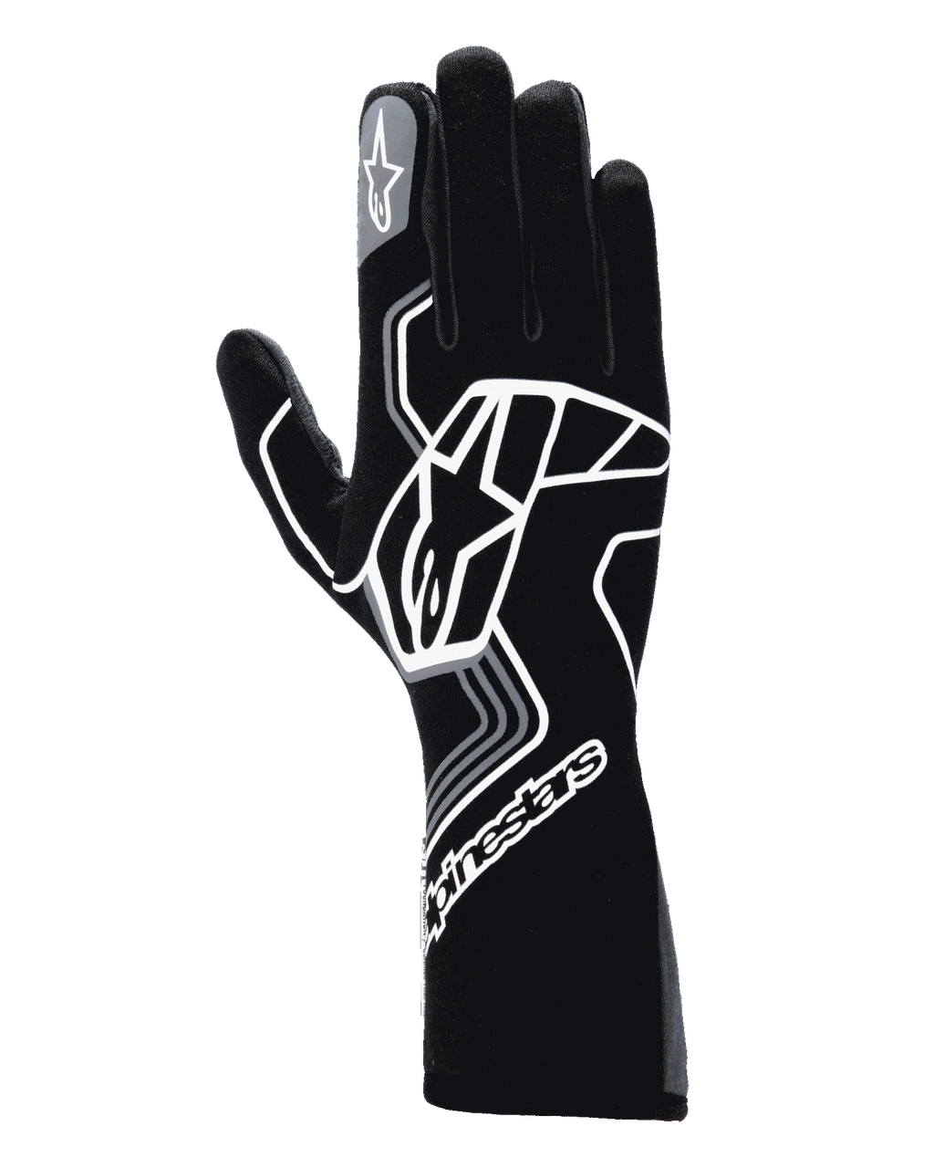Rękawice Alpinestars Tech-1 Race V4, samochodowe rękawice wyścigowe, kolor Black Tar Gray, z dużym białym geometrycznym logo gwiazdy, logo Alpinestars na mankiecie i palcu wskazującym, długi mankiet do profesjonalnych sportów motorowych