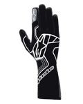 Rękawice Alpinestars Tech-1 Race V4, samochodowe rękawice wyścigowe, kolor Black Tar Gray, z dużym białym geometrycznym logo gwiazdy, logo Alpinestars na mankiecie i palcu wskazującym, długi mankiet do profesjonalnych sportów motorowych