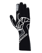 Rękawice Alpinestars Tech-1 Race V4, samochodowe rękawice wyścigowe, kolor Black Tar Gray, z dużym białym geometrycznym logo gwiazdy, logo Alpinestars na mankiecie i palcu wskazującym, długi mankiet do profesjonalnych sportów motorowych