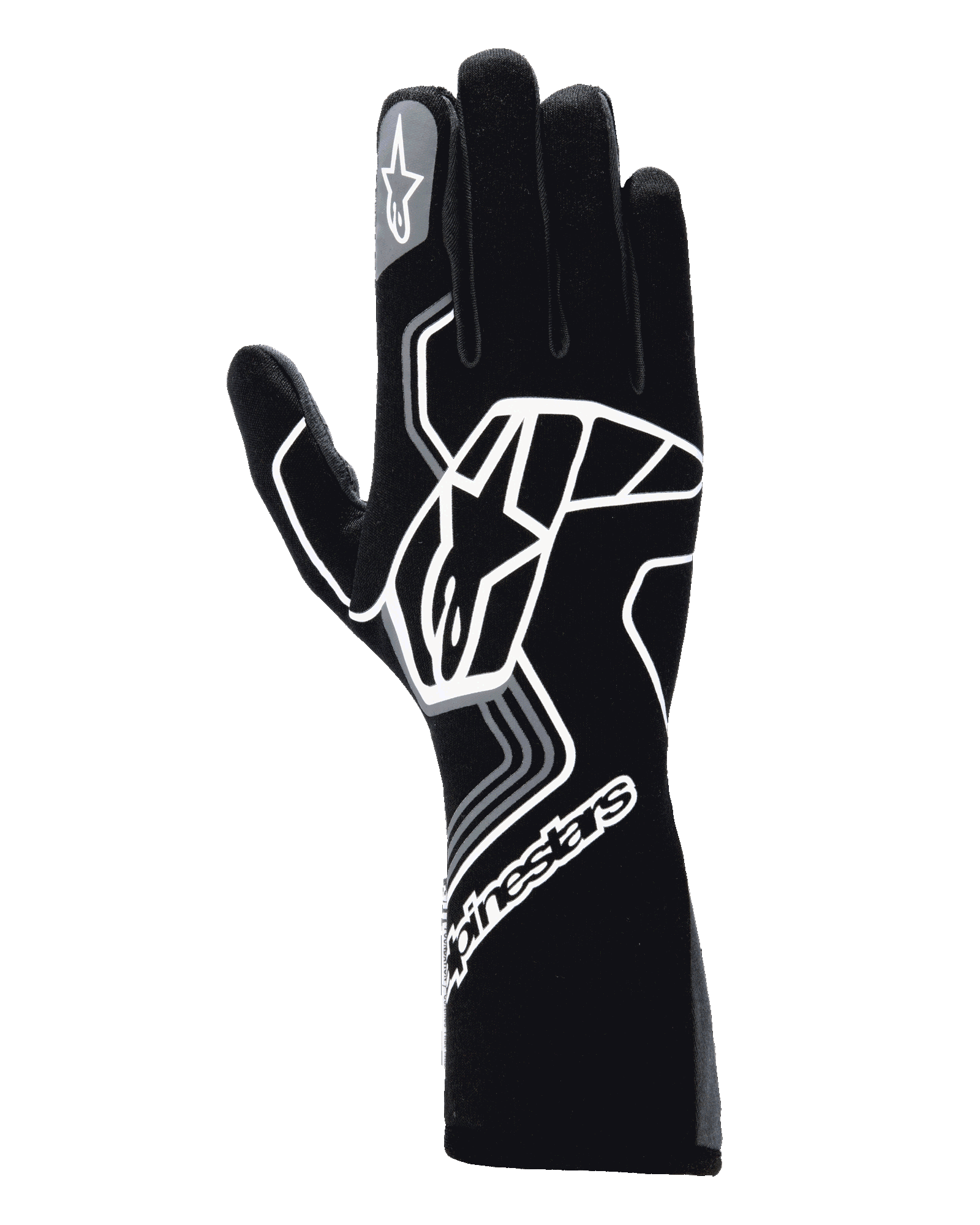 Rękawice Alpinestars Tech-1 Race V4, samochodowe rękawice wyścigowe, kolor Black Tar Gray, z dużym białym geometrycznym logo gwiazdy, logo Alpinestars na mankiecie i palcu wskazującym, długi mankiet do profesjonalnych sportów motorowych