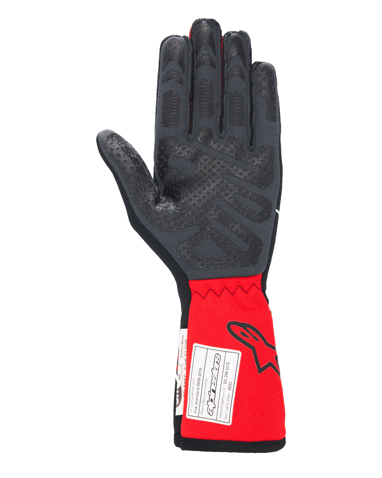 Alpinestars Tech-1 Race V4 Gloves, samochodowe rękawice wyścigowe, czarno-czerwone, widok od strony dłoni podkreślający silikonowe wzory przyczepne na palcach i dłoni, przedłużony czerwony mankiet z logo Alpinestars i etykietą certyfikacji FIA, profesjonalny sprzęt do sportów motorowych