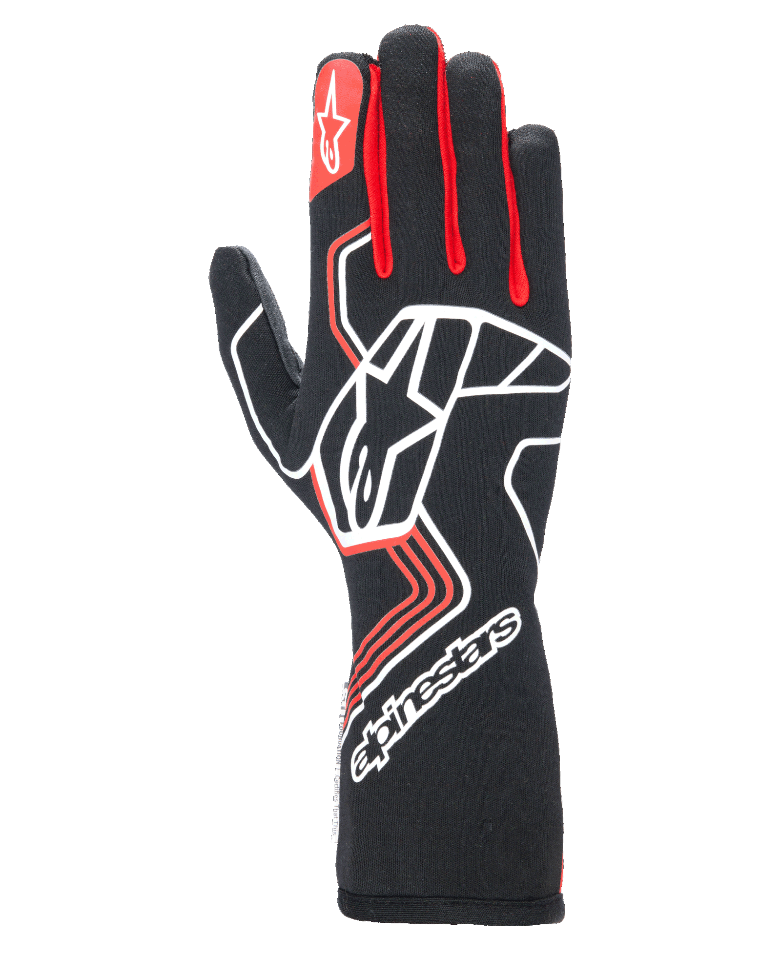 Alpinestars Tech-1 Race V4 Gloves, rękawice wyścigowe, czarne z czerwonymi i białymi akcentami, duże białe logo gwiazdy na wierzchu dłoni, czerwone kliny między palcami, białe logo na przedłużonym mankiecie i geometryczne wzory