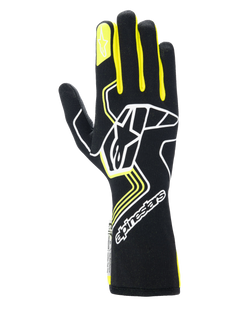 Alpinestars Tech-1 Race V4 Gloves, Auto Racing Gloves, Black with Yellow Fluo and White accents, featuring a large star logo on the back and smaller star on the index finger, sleek design with geometric patterns and extended gauntlet cuff