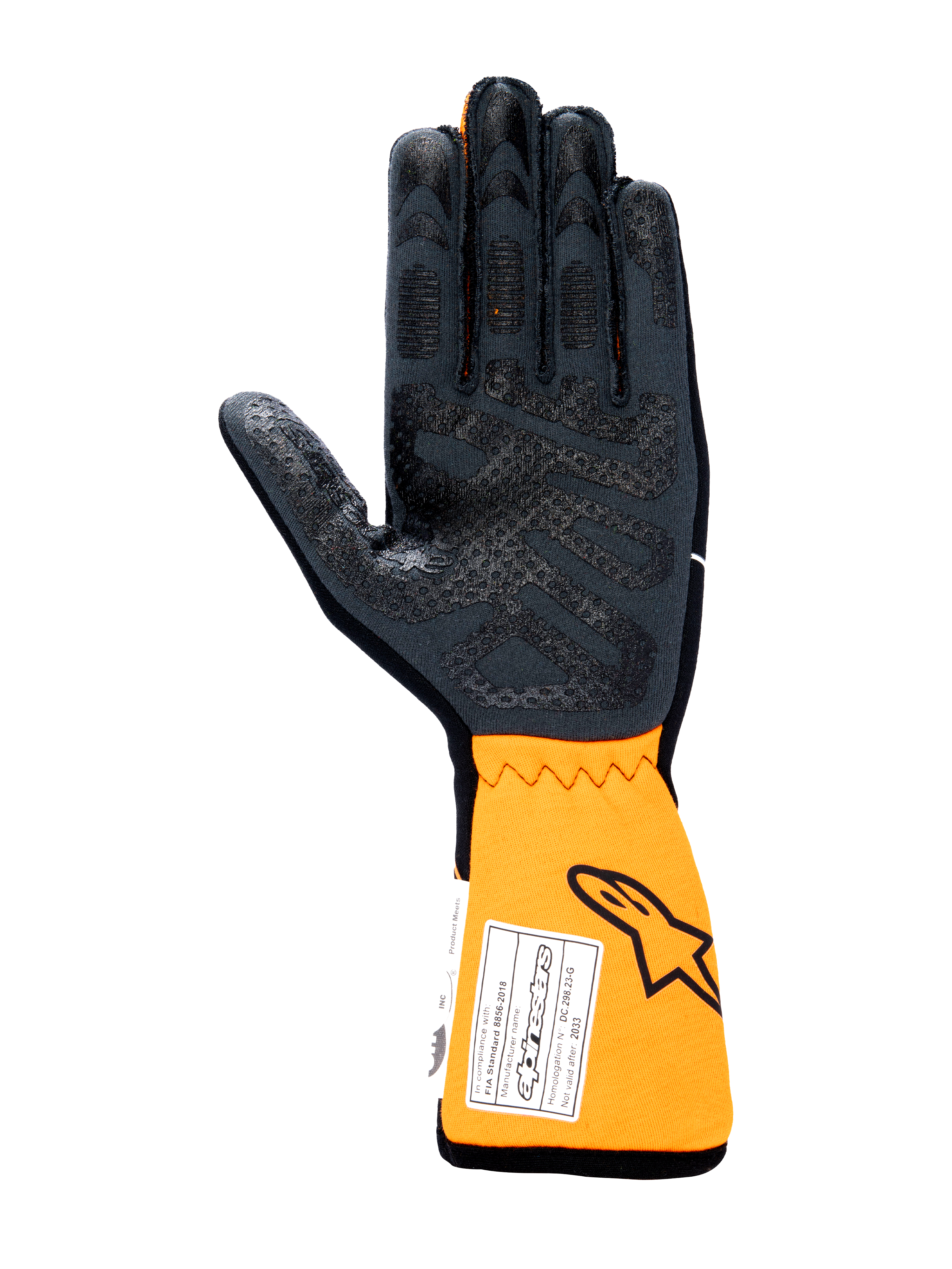 Rękawice Alpinestars Tech-1 Race V4, samochodowe rękawice wyścigowe, widok od strony dłoni w kolorze czarnym i pomarańczowym fluo, z silikonowym wzorem zwiększającym przyczepność na dłoni i palcach, przedłużony pomarańczowy mankiet z etykietą homologacji FIA i logo Astars