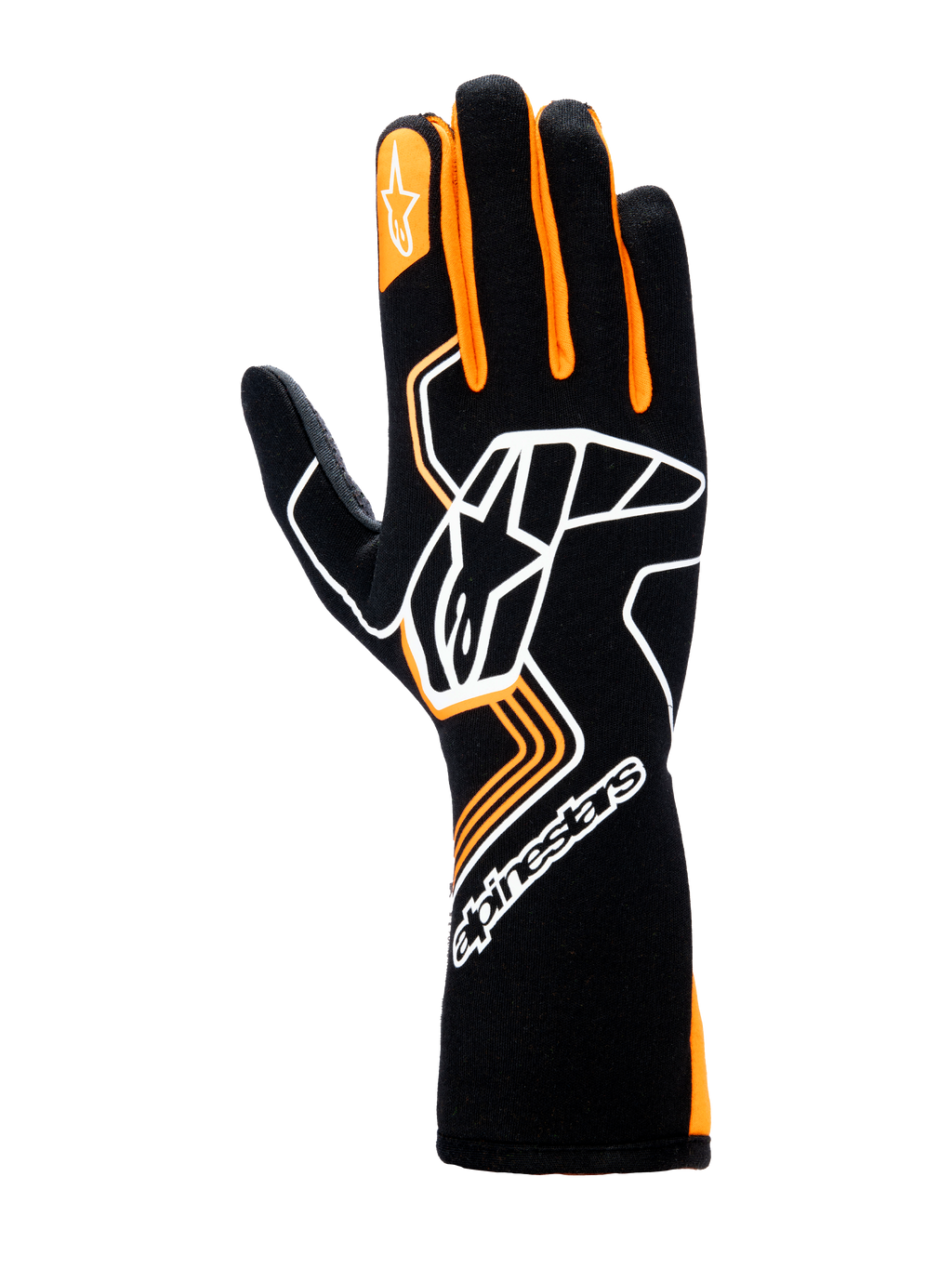 Rękawice Alpinestars Tech-1 Race V4, rękawice wyścigowe, czarne z pomarańczowym fluo, z dużym białym logo Astar na grzbiecie dłoni, pomarańczowymi akcentami na palcach i konstrukcją z wysokim mankietem dla profesjonalnej ochrony w sportach motorowych